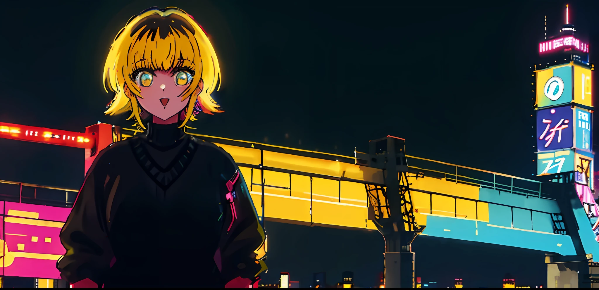 1girl, solo, black sweater uniform, bangs,happy,posing, multicolored hair, (masterpiece:1.2), highres, best quality, 8k, Night neon city Tokyo background, yellow hair