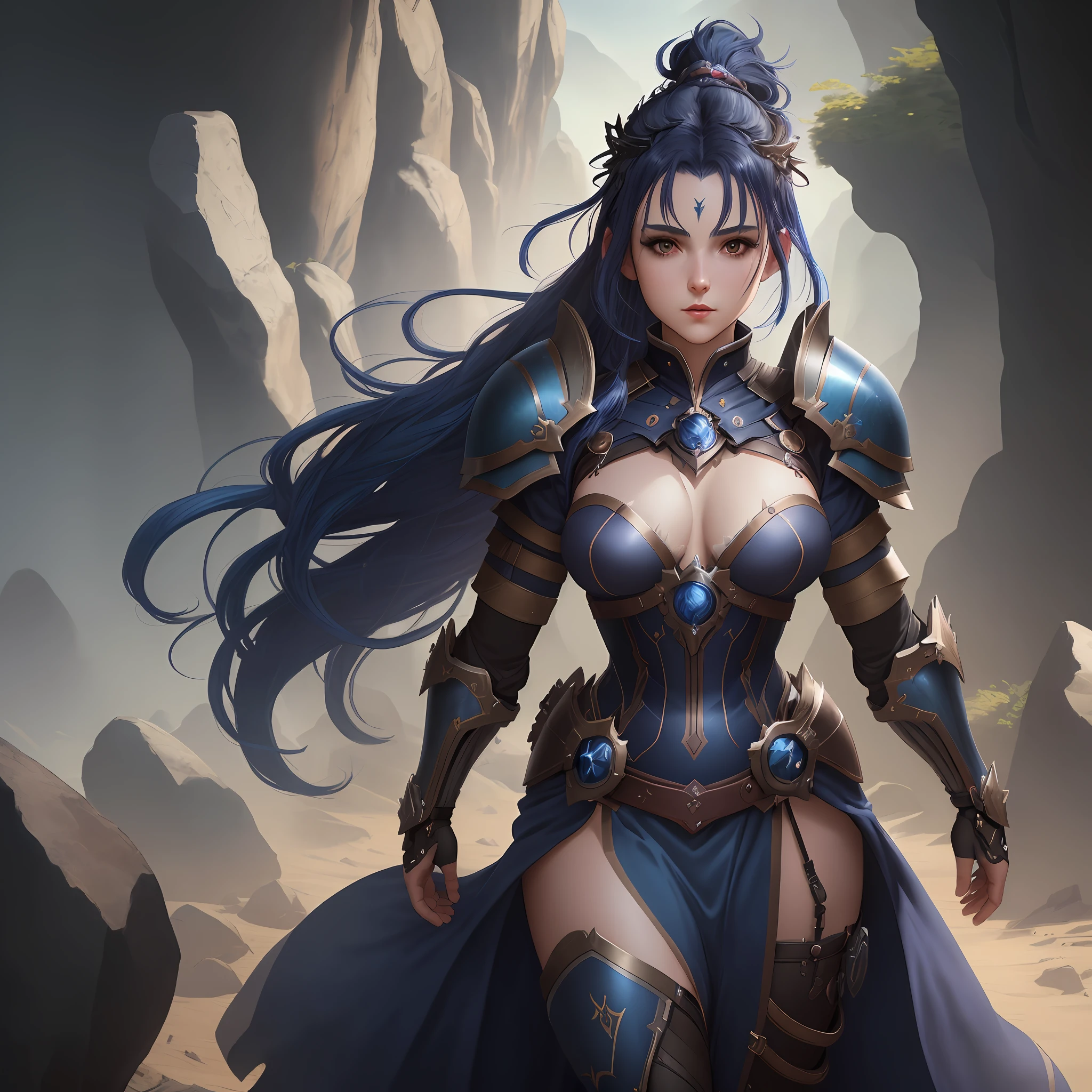 The female Warrior viscount (small breasts, dark blue hair), masterpiece, best quality, (extremely detailed unity 8k CG wallpaper), (best quality), (best illustration), (best shadow), absurdities, realistic lighting, (Abyss), beautiful detailed brightness,