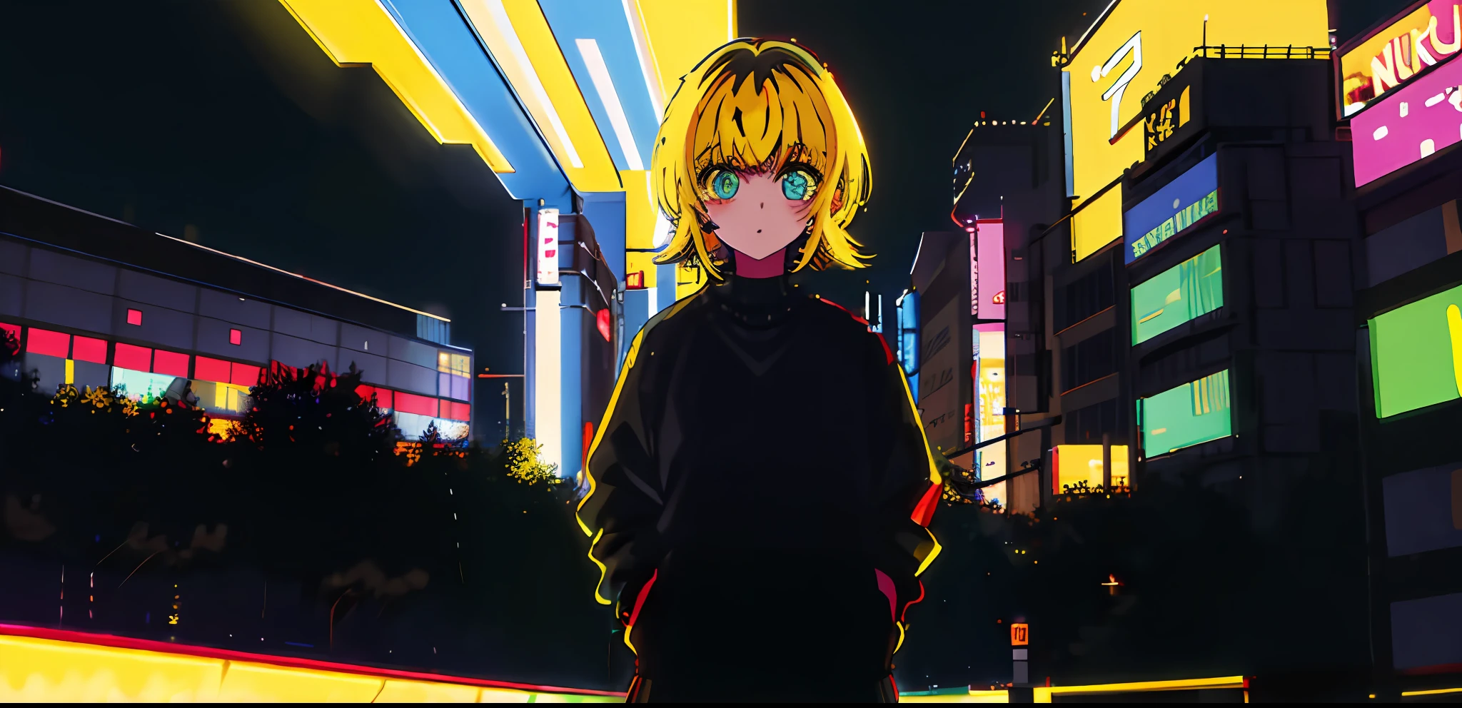 1girl, solo, black sweater uniform, bangs,happy,posing, multicolored hair, (masterpiece:1.2), highres, best quality, 8k, Night neon city Tokyo background, yellow hair