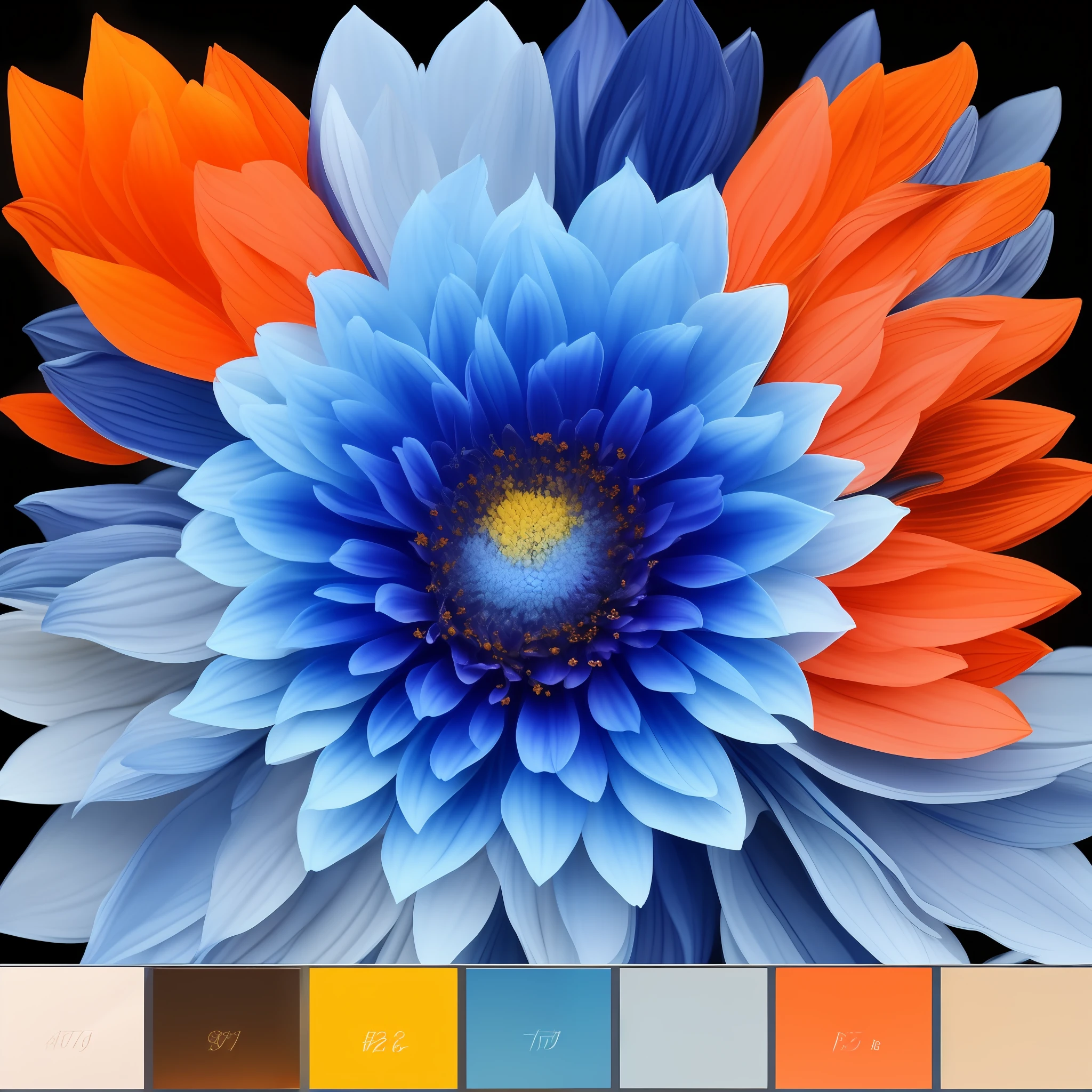 an elementary multi flower, Elemental flowers, in the colors Primary: #375D81 (dark blue)
Secondary: #82A6C0 (light blue)
Highlight: #FF7F50 (orange)
Complementary: #D4AF37 (aged gold)
Neutral 1: #FFFFFF (white)
Neutral 2: #000000 (Black)