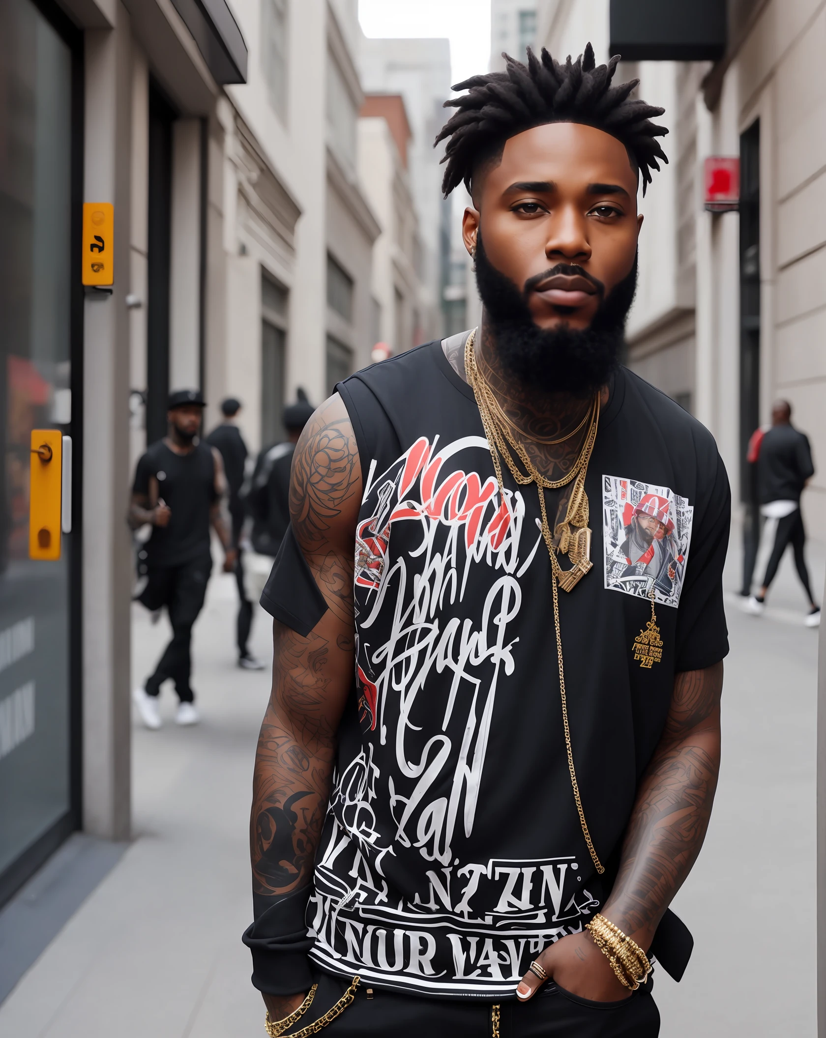 black man, hip hop in fashion, on city streets, with tattoos, beard and an urban art style