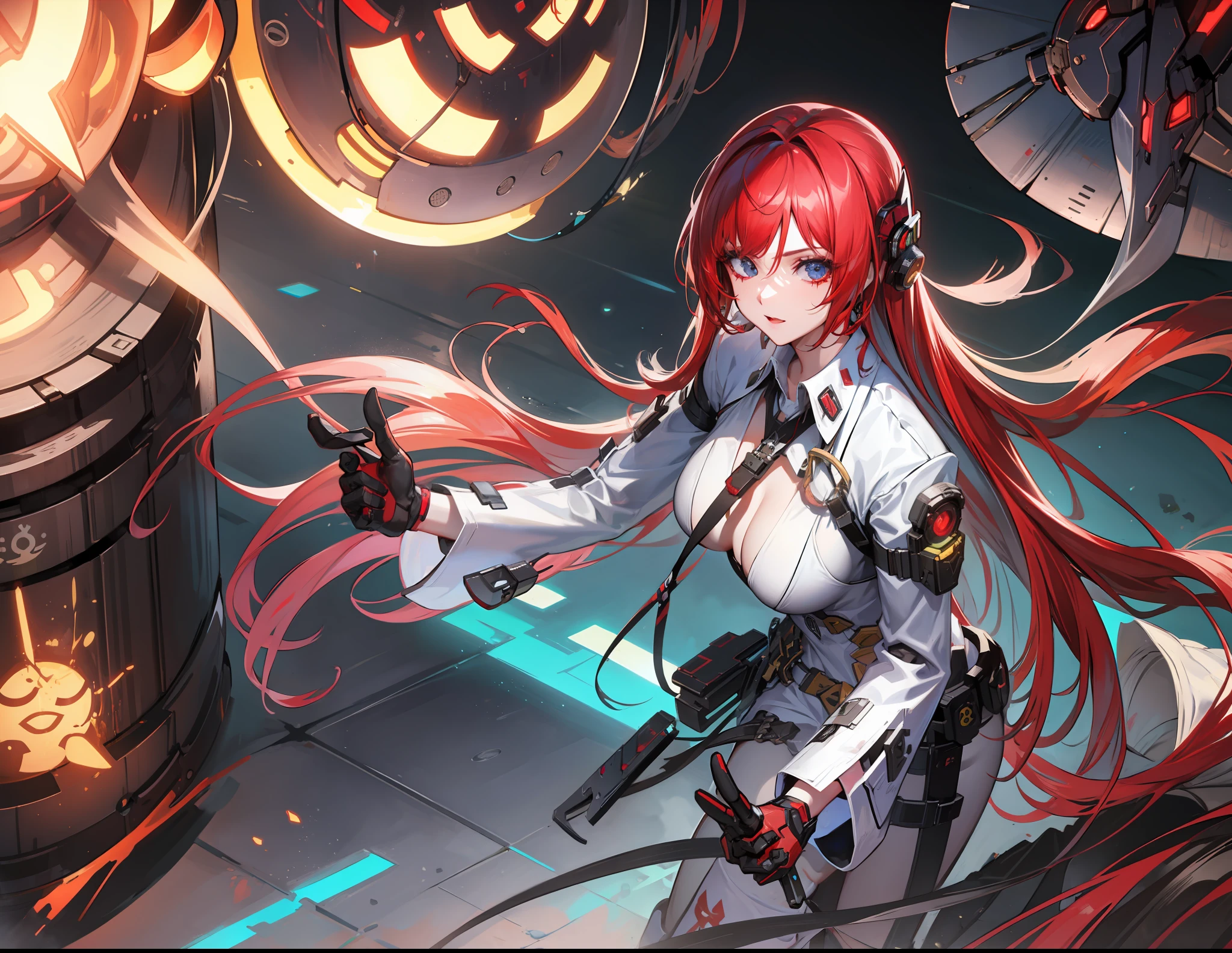 1girl,andromeda,cyberpunk exoskeleton, battle,cyberpunk facegear,holding weapon,red hair,