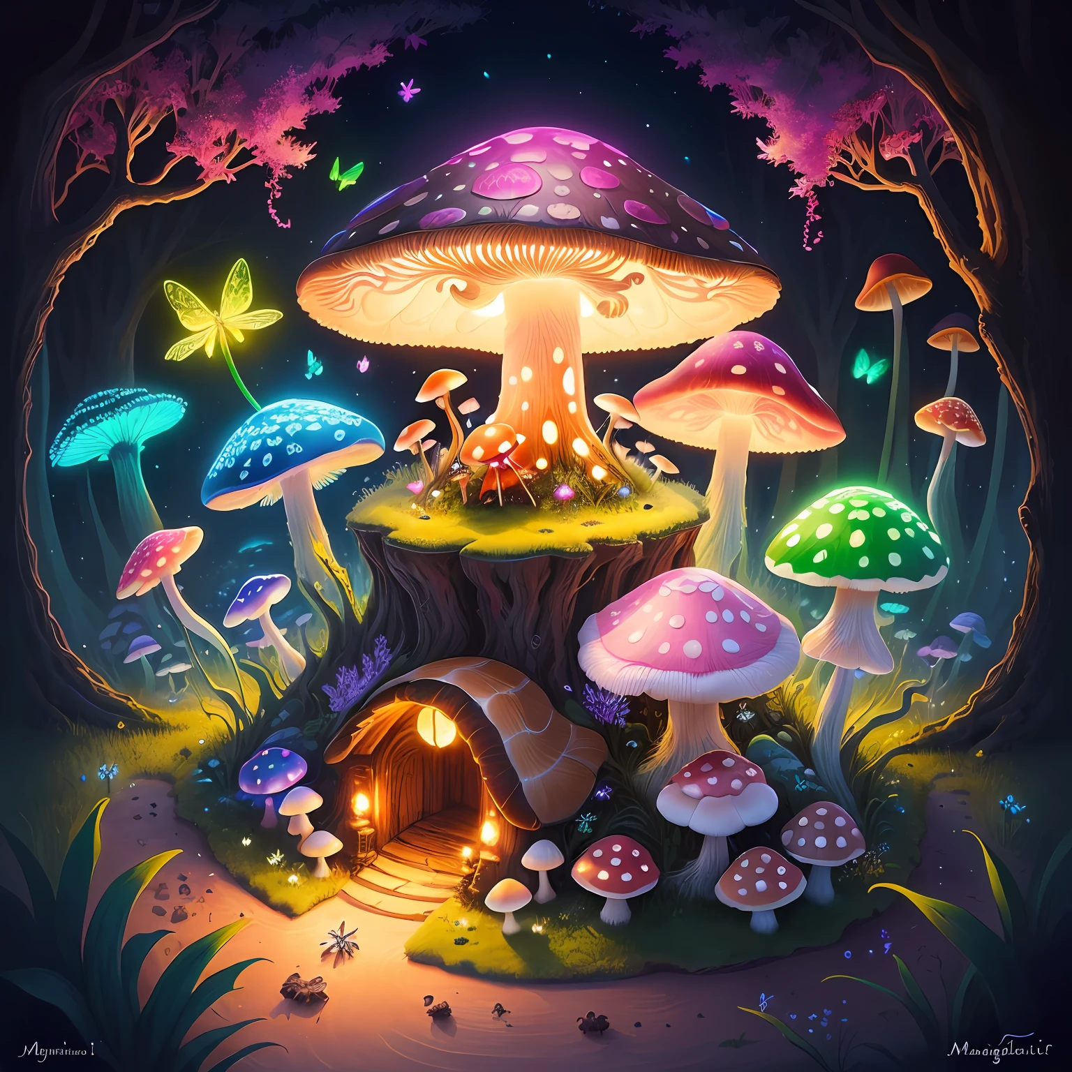 majistic anthill with mushroom and  glowing dragonfly sitting on top, fantasy, art