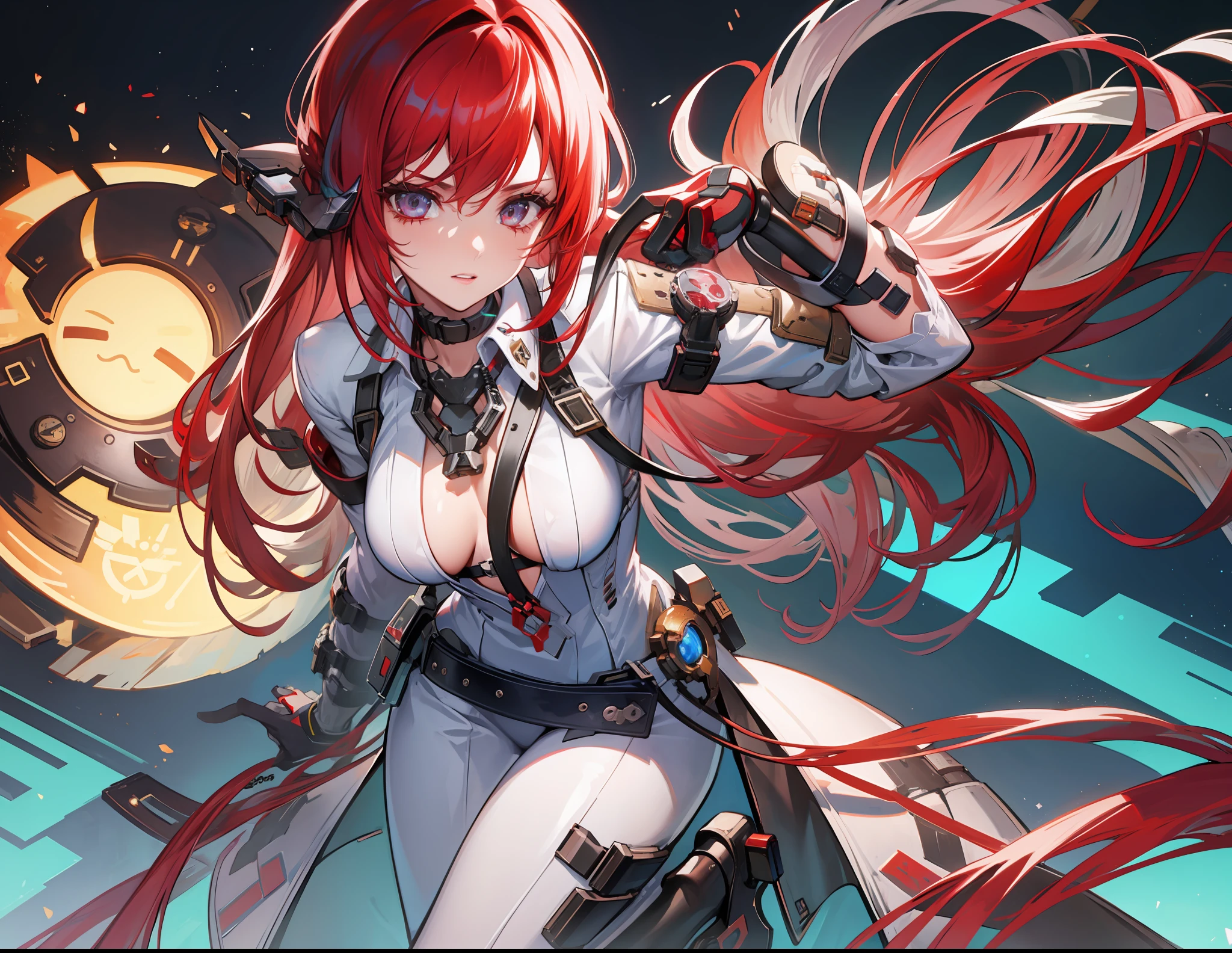 1girl,andromeda,cyberpunk exoskeleton, battle,cyberpunk facegear,holding weapon,red hair,