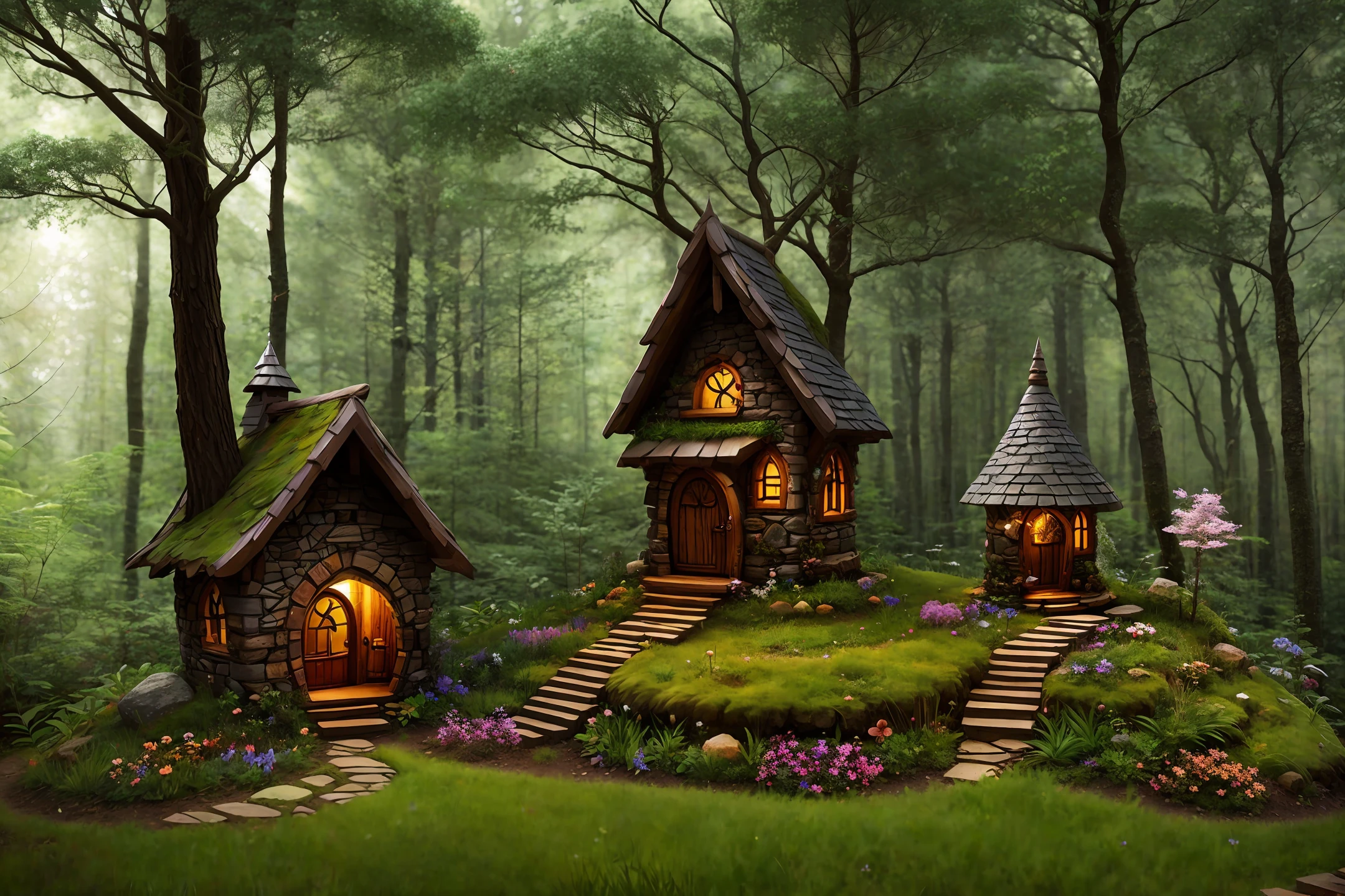 Fairy house in a forest valley. epic lighting. mystical trees with thick roots. cairn. flower. Steampunk details