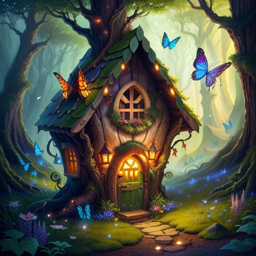 Fairy house with a protective dragon in an epic forest.  Butterflies and fireflies in the air