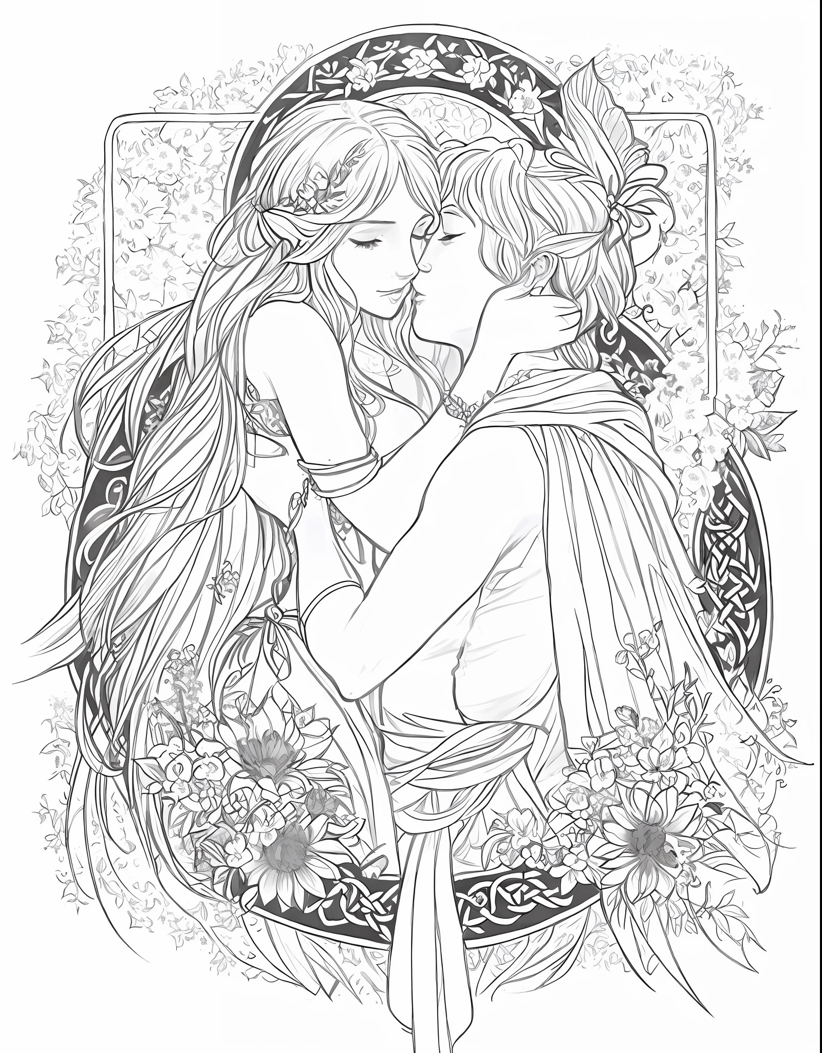 a drawing of a couple kissing in a frame with flowers, beautiful line art, extremely fine ink lineart, exquisite line art, beautiful detailed fantasy, fantasy coloring, fantasy drawing, celtic fantasy art, black and white coloring, edmund blair and charlie bowater, line art, insanely detailed linework, black and white line art, faeornran, outlined art