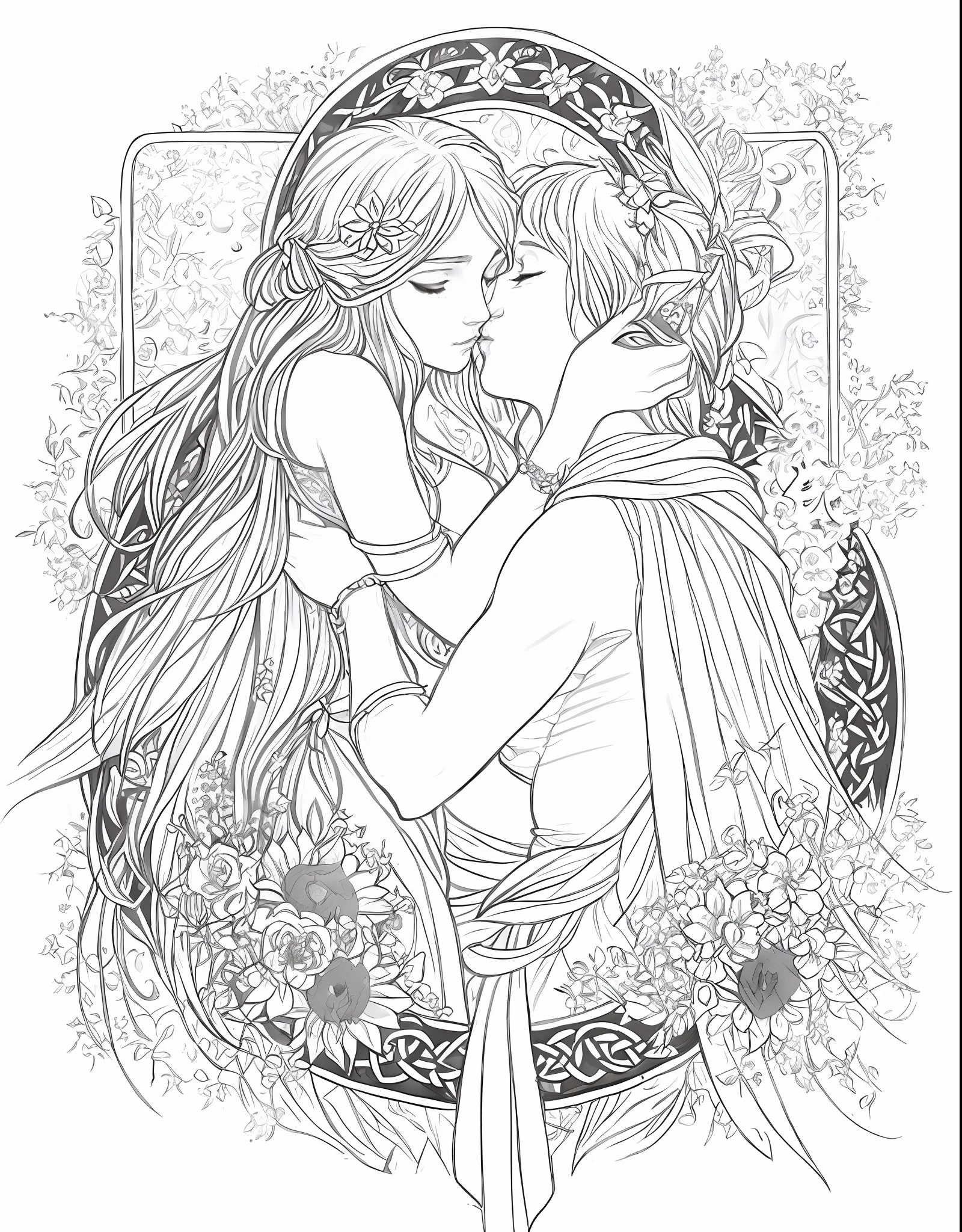 a drawing of a couple kissing in a frame with flowers, beautiful line art, extremely fine ink lineart, exquisite line art, beautiful detailed fantasy, fantasy coloring, fantasy drawing, celtic fantasy art, black and white coloring, edmund blair and charlie bowater, line art, insanely detailed linework, black and white line art, faeornran, outlined art