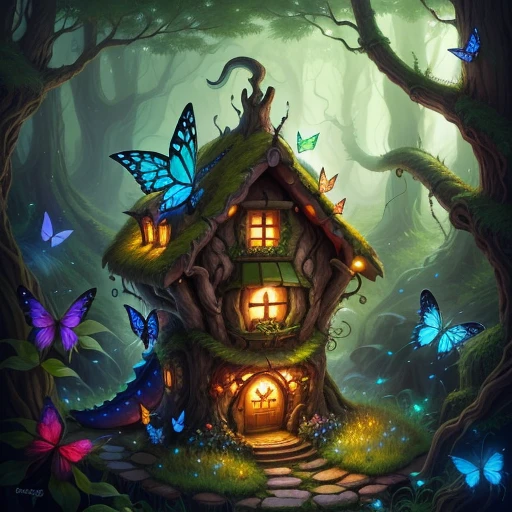 Fairy house with a protective dragon in an epic forest. Butterflies and fireflies in the air