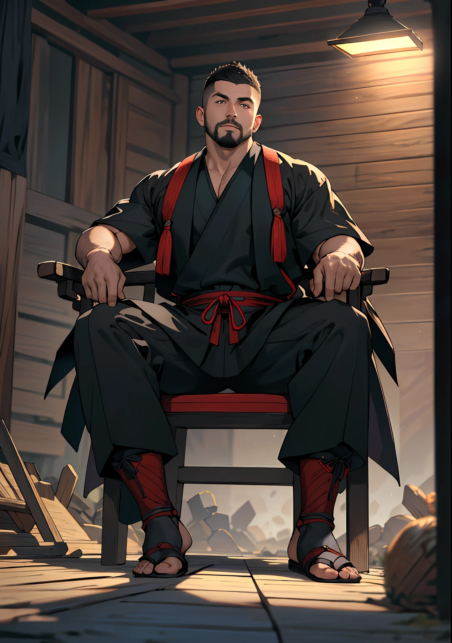 best quality, masterpiece, super high resolution, detailed background, realism, Illustrations, single, 1 boy, street, muscle, volumetric lighting, depth of field, facial hair, samurai, (crew cut), collapse, (black clothes), sitting on chair