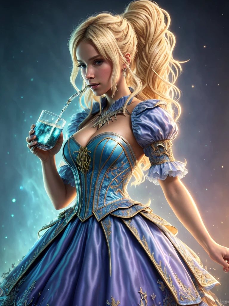 (masterpiece), (best quality), highly detailed, HDR, ultra detailed, alicia in wonderland blond hair blue dress, drinking potion background, trending on artstation, Bright Lighting, cool color tones, art by loish and artgerm, Intricate details, smooth brushstrokes, trending on artstation and instagram, fractal bioluminiscenc, perfect character