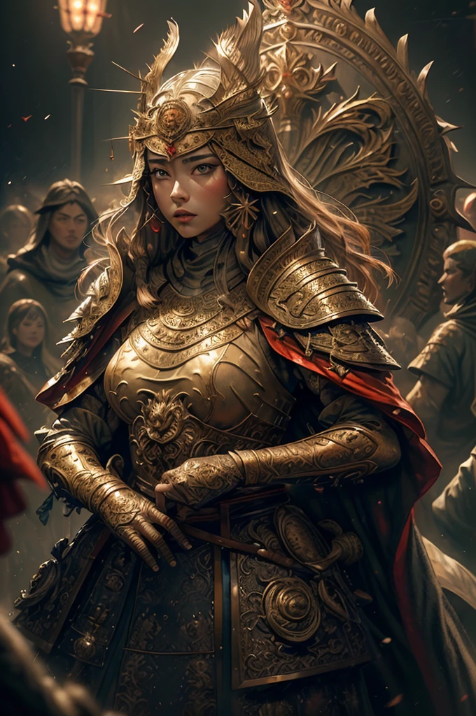 ((masterpiece))), (((best quality))), ((ultra-detailed)), (hyperrealistic), (highly detailed CG illustration), cinematic light, photorealistic ,extremely beautiful young lady, light makeup, big breast,  intricate detailed eaba, red cape, spear