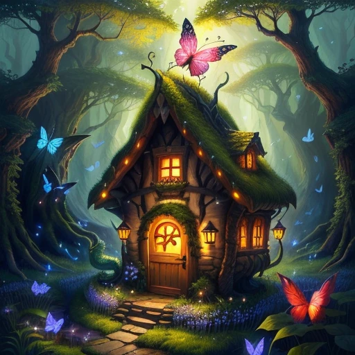 Fairy house with a protective dragon in front of in an epic forest. Butterflies and fireflies in the air