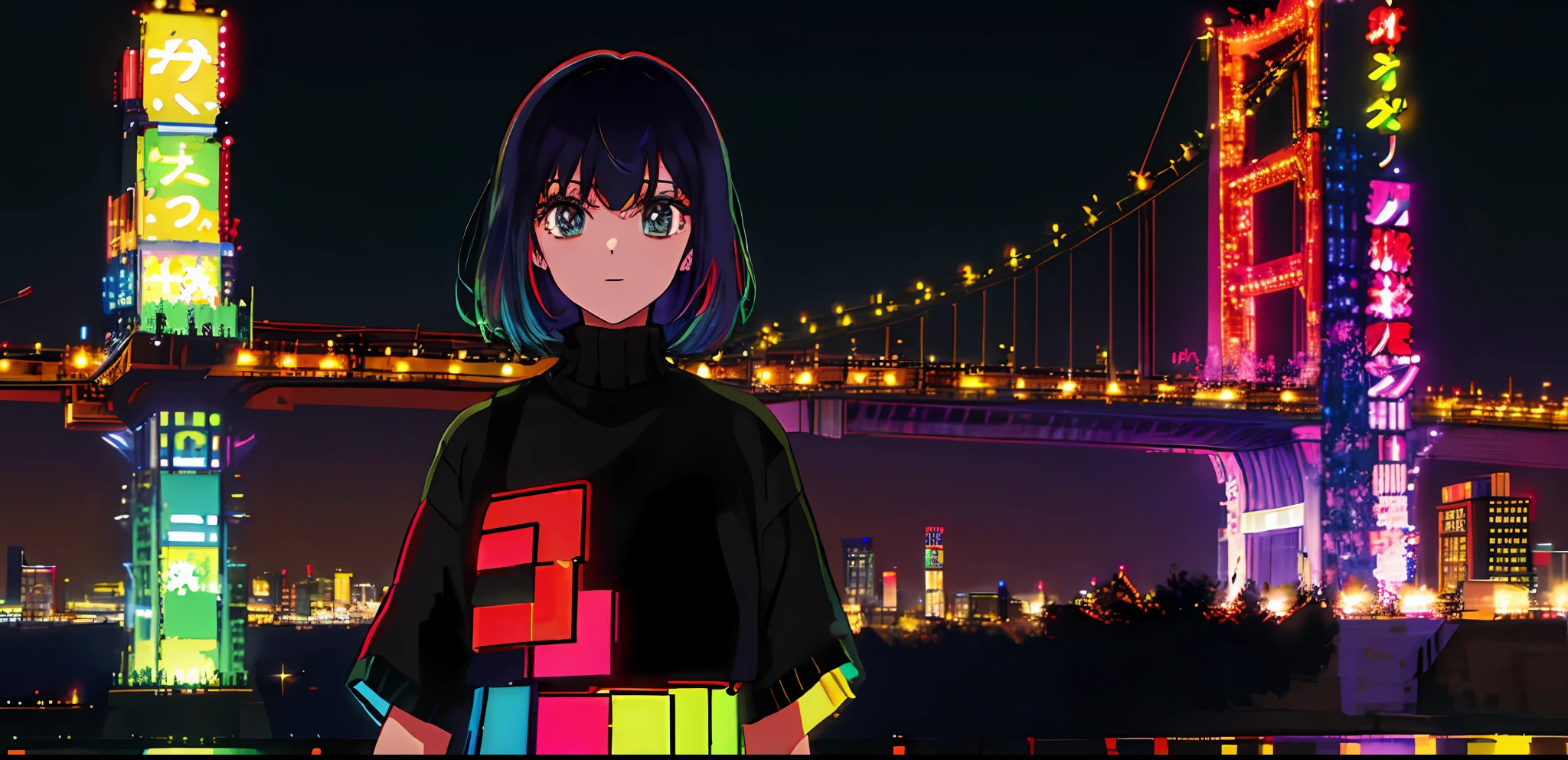 1girl, solo, black sweater uniform, bangs,happy,posing, multicolored hair, (masterpiece:1.2), highres, best quality, 8k, Night neon city Tokyo background,