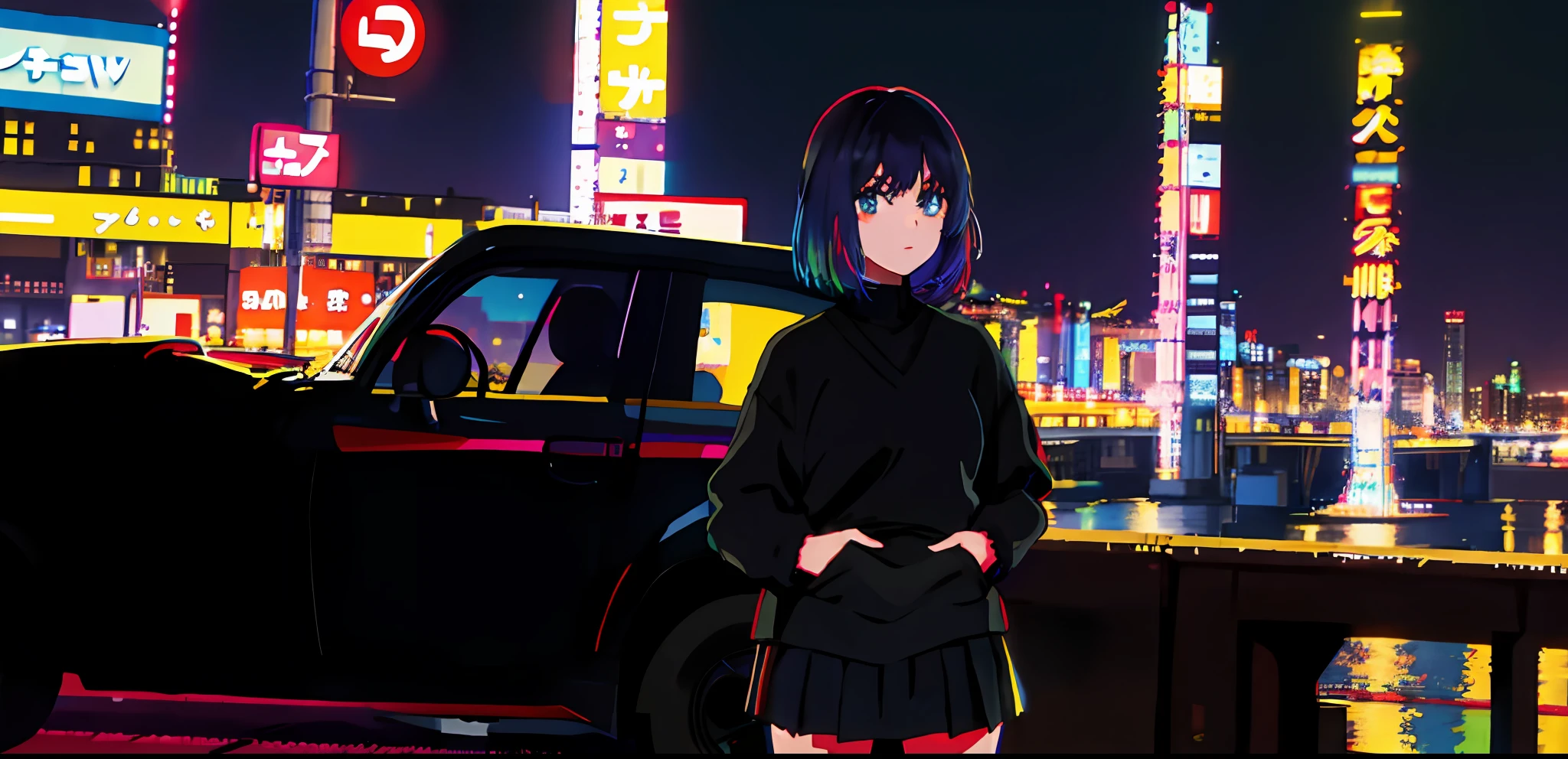 1girl, solo, black sweater uniform, bangs,happy,posing, multicolored hair, (masterpiece:1.2), highres, best quality, 8k, Night neon city Tokyo background,