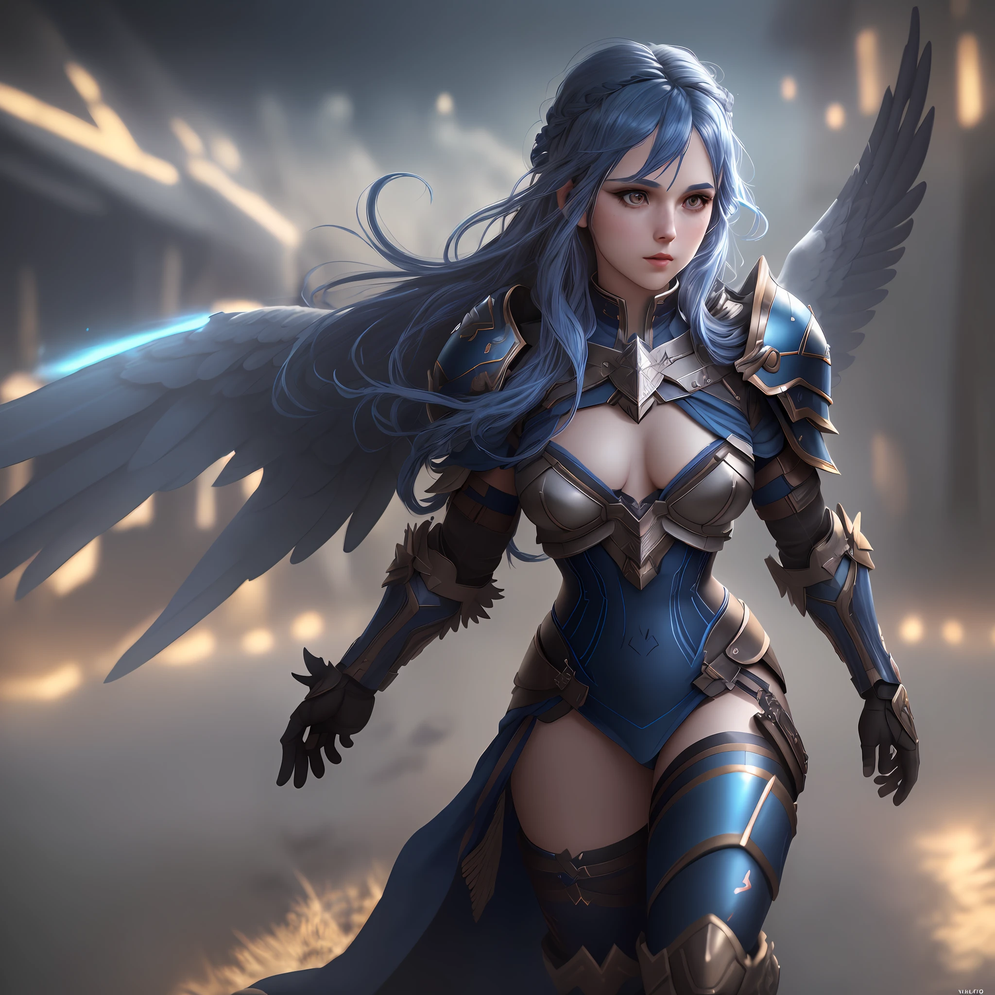 A female valkyrie from Valhalla (small breasts, dark blue hair), masterpiece, best quality, (extremely detailed unity 8k CG wallpaper), (best quality), (best illustration), (best shadow), absurdities, realistic lighting, (Abyss), beautiful detailed brightness,