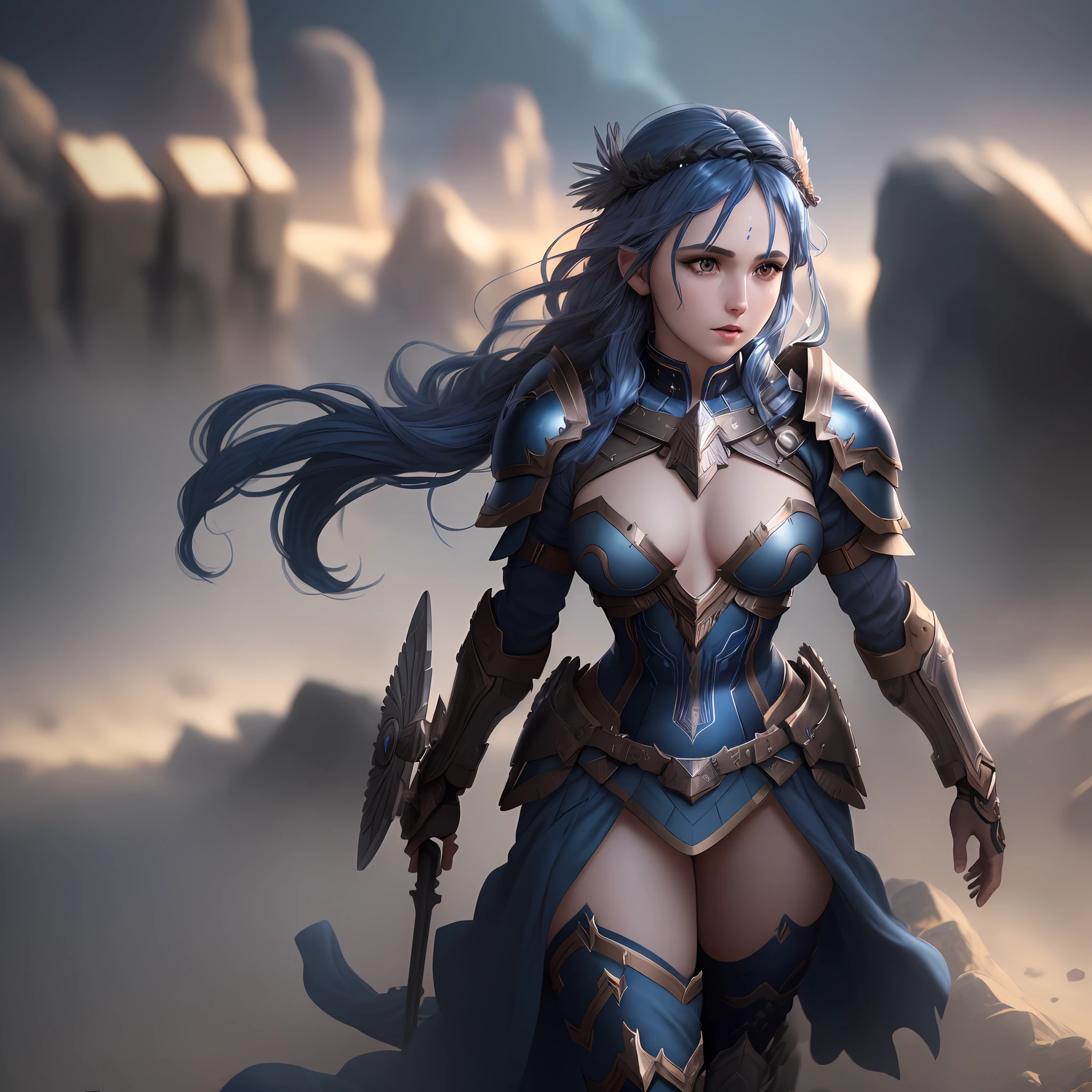 A female valkyrie from Valhalla (small breasts, dark blue hair), masterpiece, best quality, (extremely detailed unity 8k CG wallpaper), (best quality), (best illustration), (best shadow), absurdities, realistic lighting, (Abyss), beautiful detailed brightness,