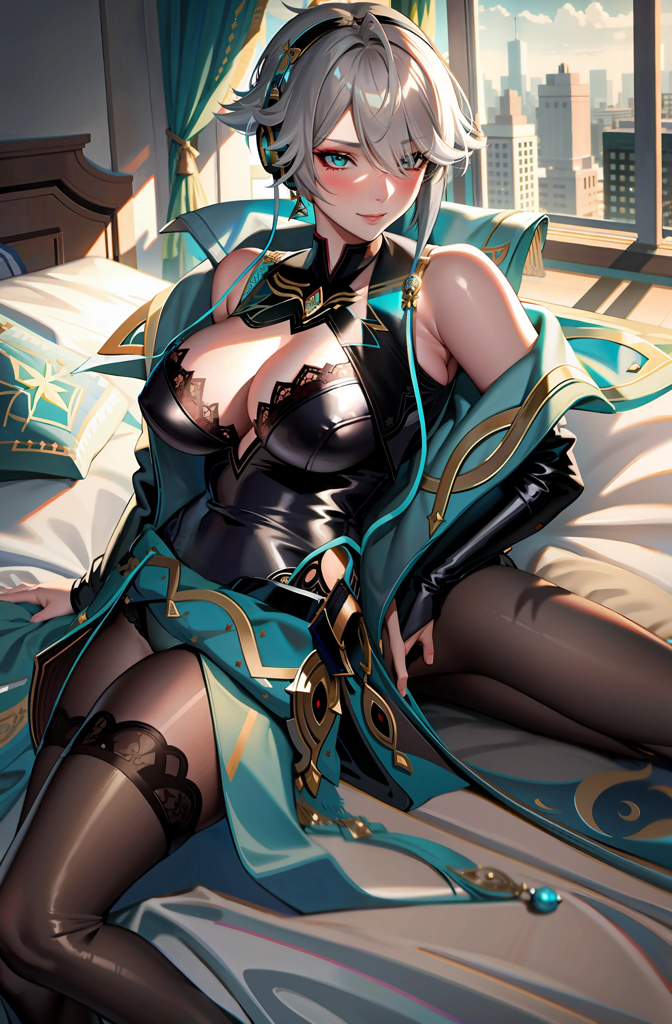 (well detailed background) (best quality), (high quality), (masterpiece), 1girl, solo , alhaitham \(genshin impact\), looking the viewer, short hair, grey hair, big breasts, hair over one eye, headphones, turquoise eyes, lace, lingerie, night robe, tied above belly, black belt, long sleeves, breathing heavily,,indoor, bedroom, laying on a king sized bed, pillows, sheets , loose gown, long robe, blush, smirk, grinn, naughty,makeup, cold face, hand pressed between legs, fingers under crotch