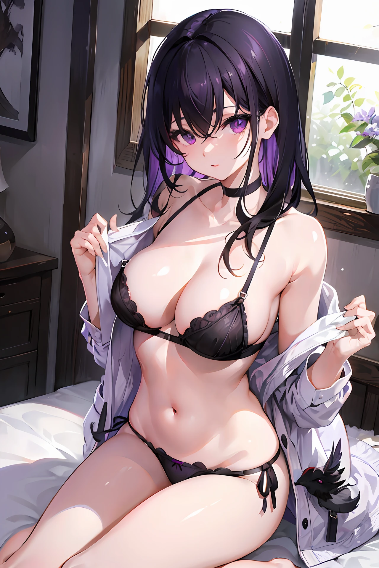 Black hair, in the cottage, lightly, white bra, side tie panties, purple eyes,