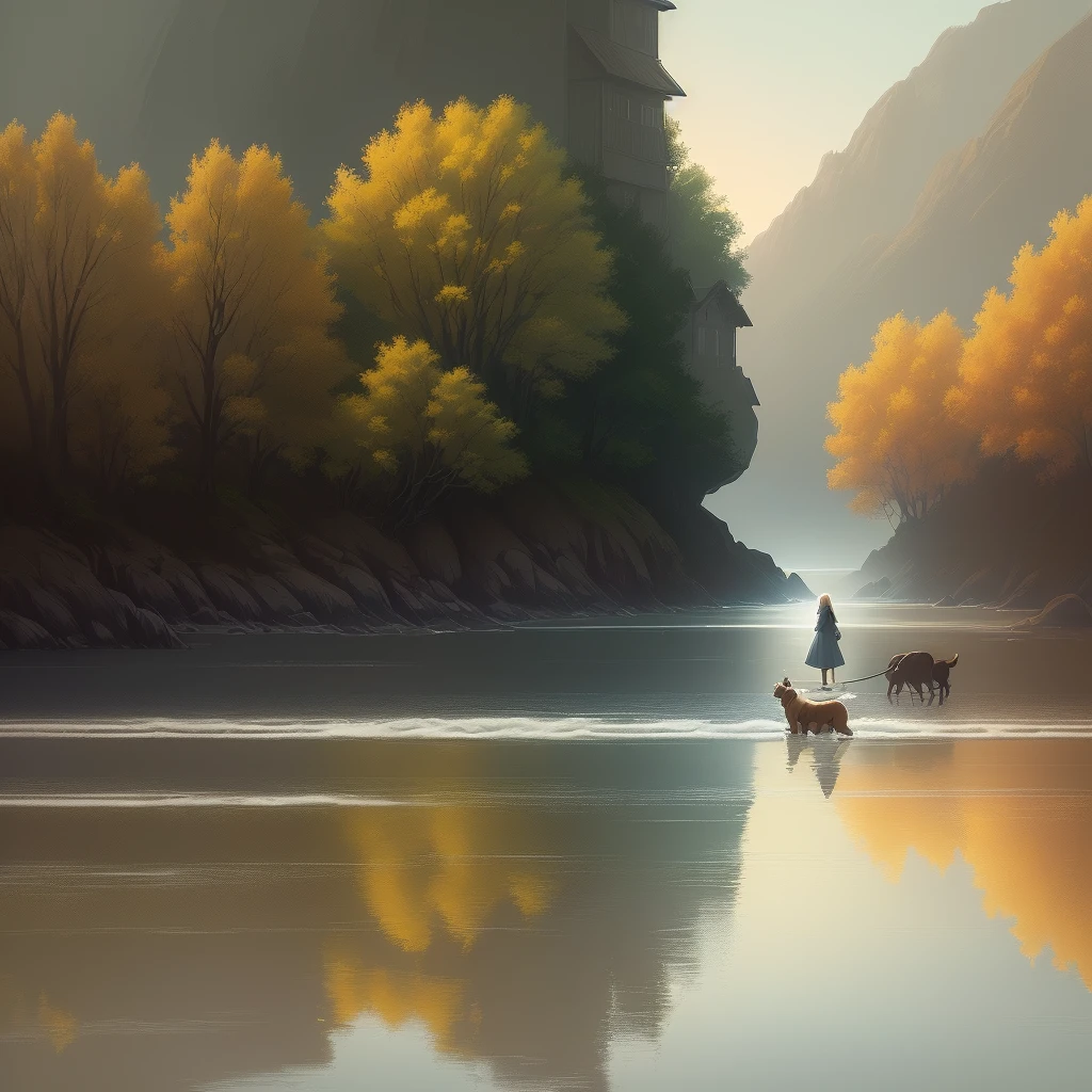 ((Quiet Illustration: 1.5, Dream Digital Painting: 1.5, Twilight Illustration, Jakub Schikaneder Style: 1.2, Dream Illustration), (1 Female + 1 Dog + Water Walk), Background Art, Digital Art: 8K), (Artai Gayland Style, Birds CGSOCIETY: 1.3, Anime Beautiful Peace Scene), (Anime: 0.8), (Quiet Beauty: 1.2)) 8K