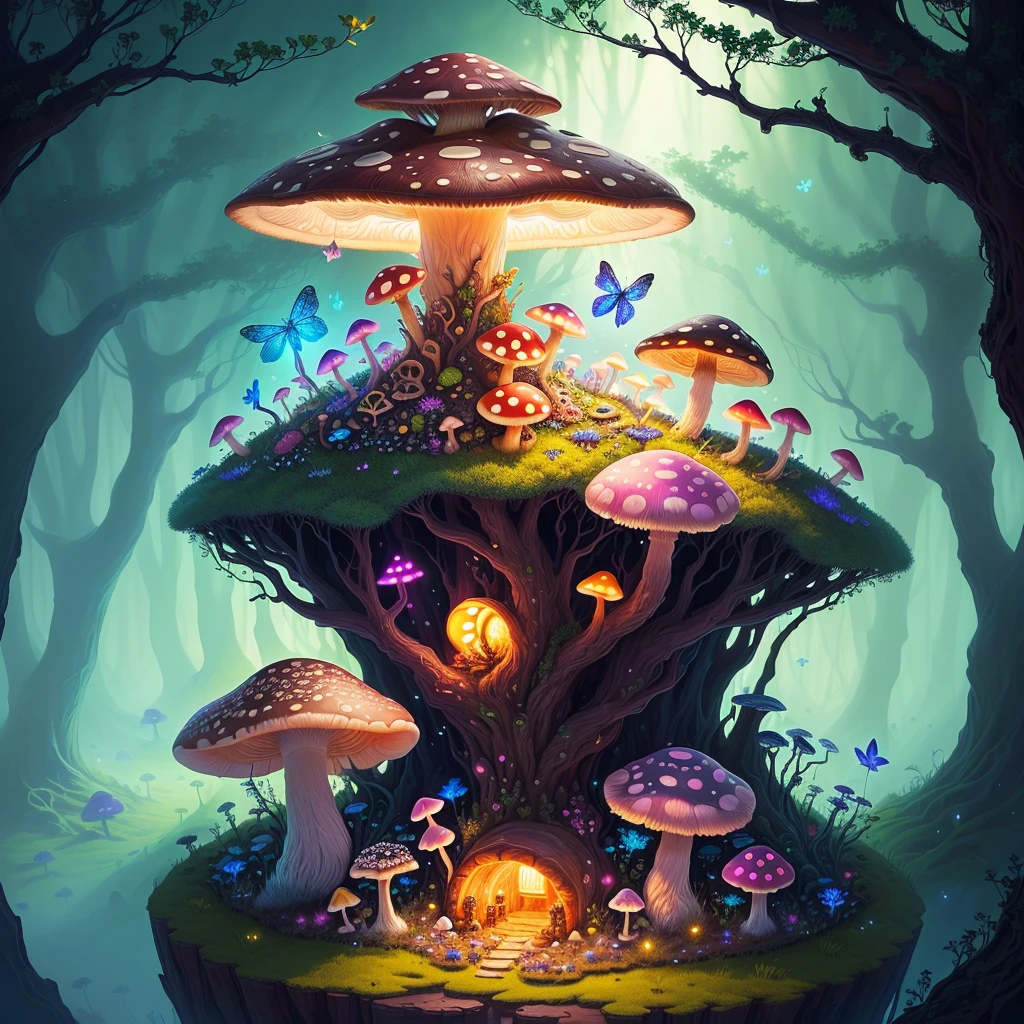 majistic anthill with mushroom and glowing dragonfly sitting on top, fantasy, art