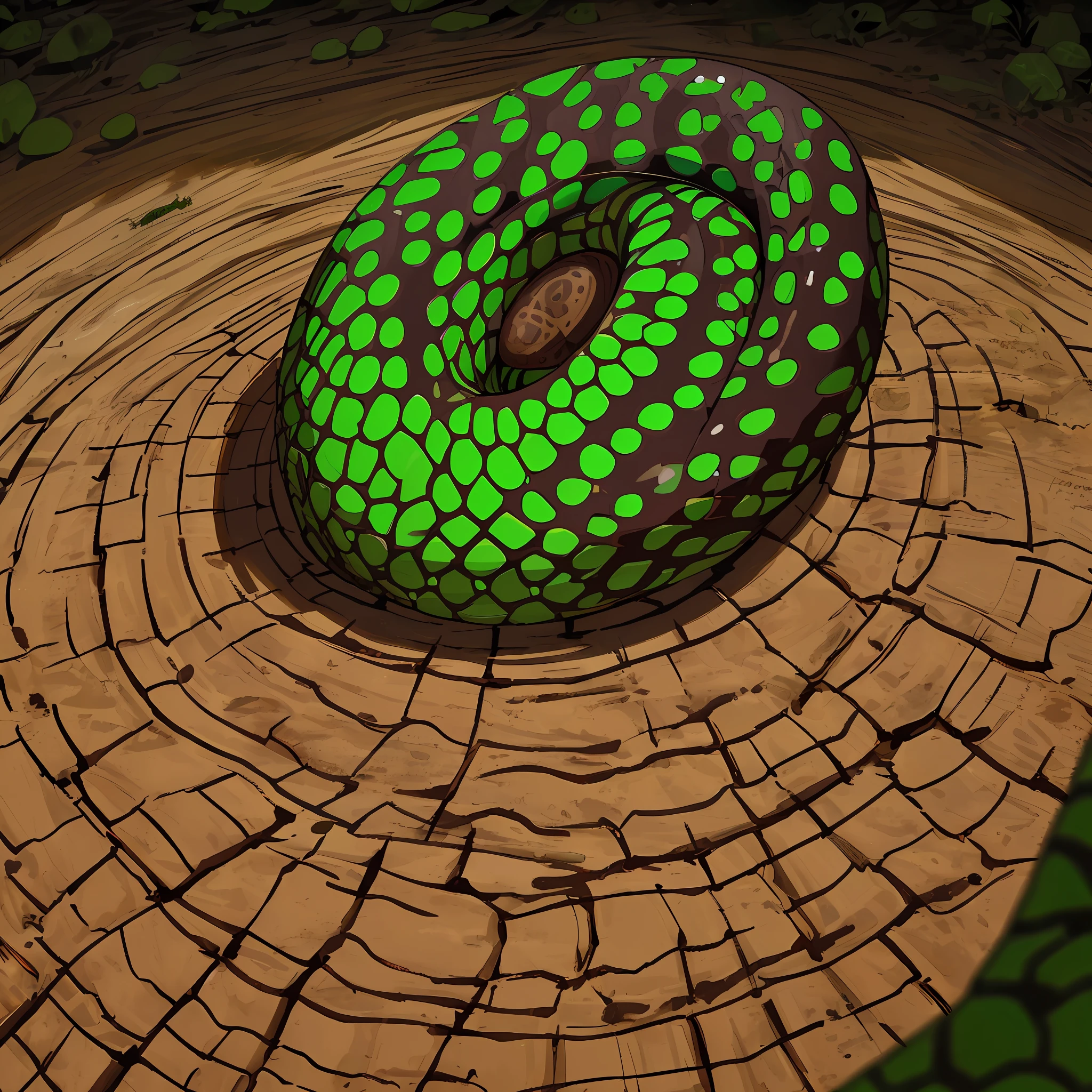 High quality, anthill, black and brown color, with holes, round, cobra of black color and green scales, illuminated above an arid soil,