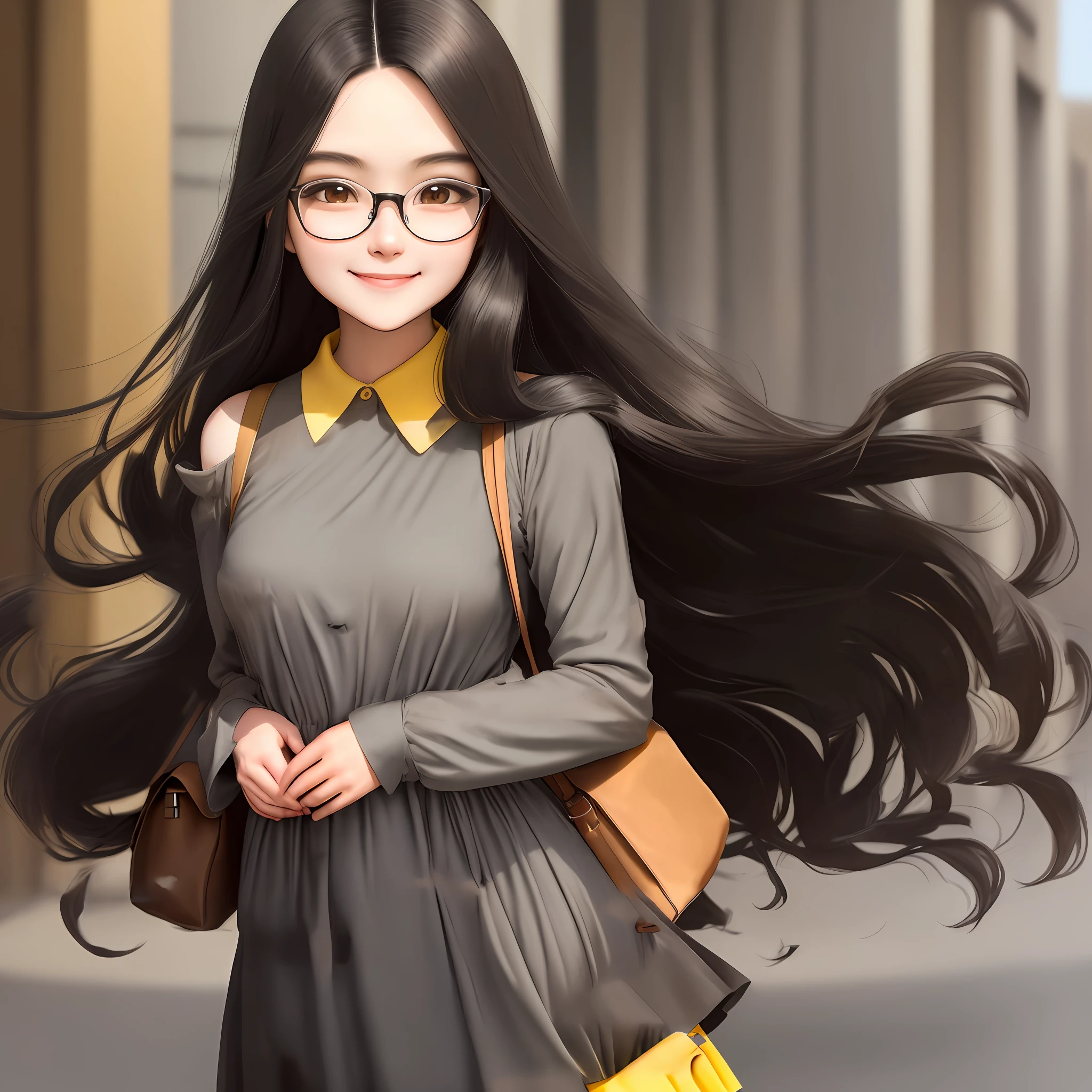 Long tan dress, hands in front of the lower abdomen, bag in hand, loose, hair to the back of the neck