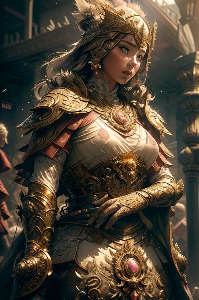 A woman in armor standing in front of a building - SeaArt AI
