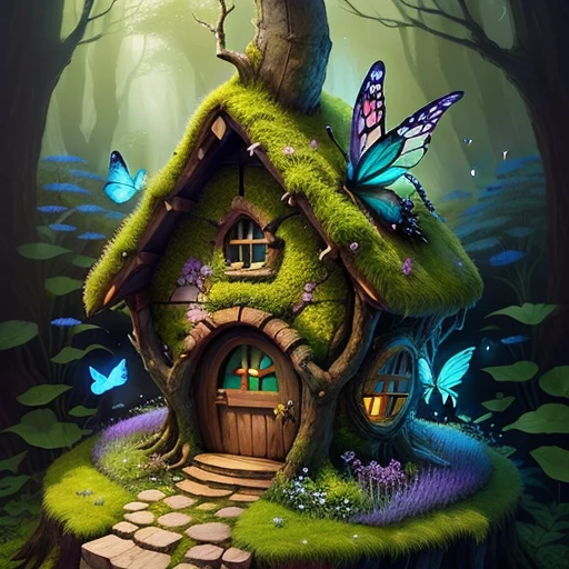 Fairy house with a sitting Dragon on the roof which is coverd by a moss and flower carpet in an epic forest.  Butterflies and fireflies in the air