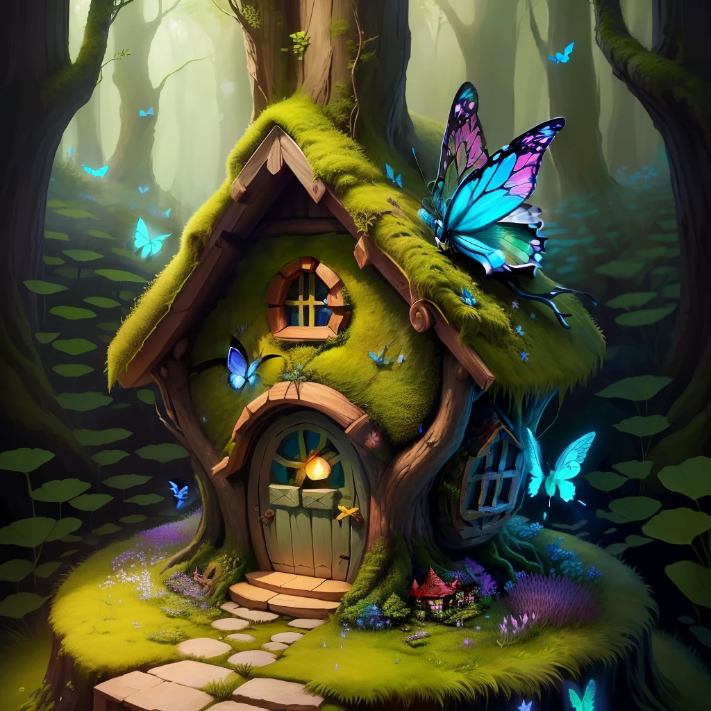 Fairy house with a sitting Dragon on the roof which is coverd by a moss and flower carpet in an epic forest.  Butterflies and fireflies in the air