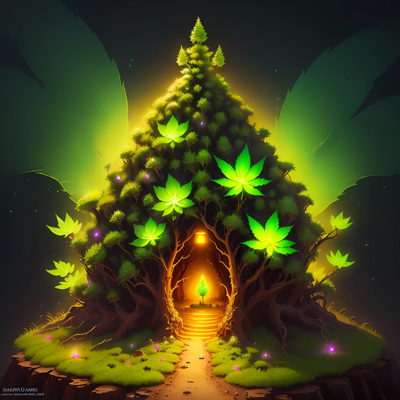 ANTHILL COVERED OF GLOWING MARIJUANA, FANTASY, ART