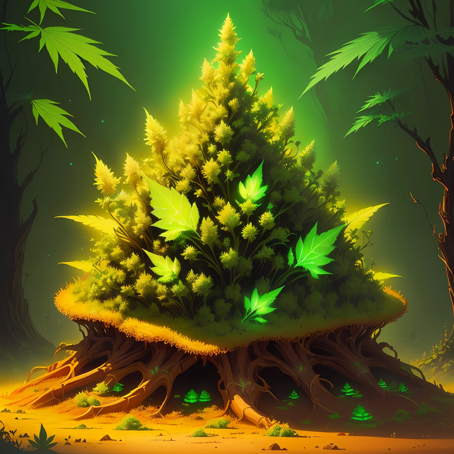 ANTHILL COVERED OF GLOWING MARIJUANA, FANTASY, ART
