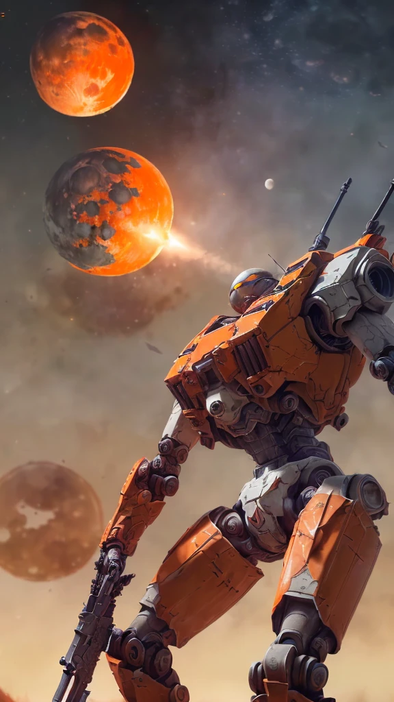 (((Realistic, full of details of real mech, orange and white main color, 8K quality, delicate color, Carrying weapons: 1.3), Gorgeous appearance, sideways gaze at the exploding moon, Moon explosion, Debris spilled all over the sky))