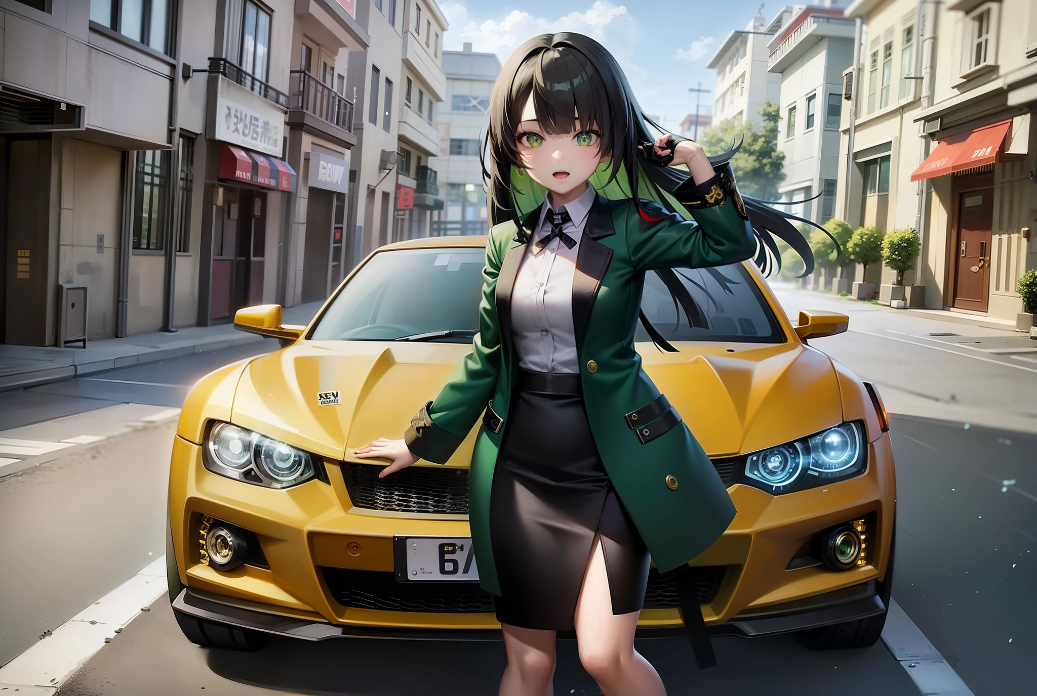 anime girl in a green coat and black skirt standing next to a yellow car, beautiful anime high school girl, attractive anime girl, smooth anime cg art, girls frontline style, anime style 4 k, badass anime 8 k, anime moe artstyle, anime visual of a cute girl, female action anime girl, fine details. girls frontline, girls frontline cg