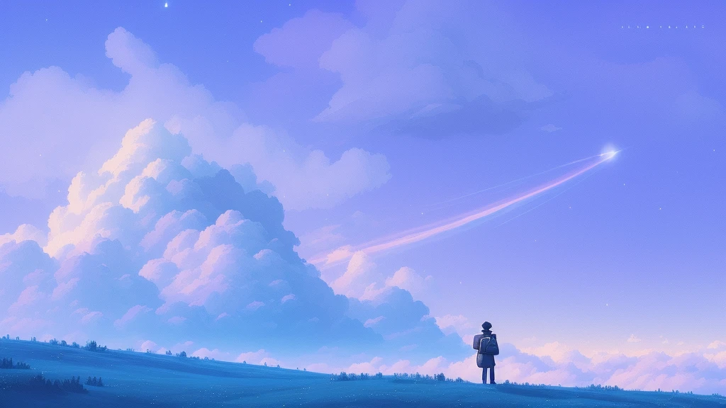 there is a man that is standing on a hill with a backpack, sitting on the cosmic cloudscape, sitting in a fluffy cloud, among the clouds, fan art, inspired by Rob Gonsalves, inspired by RHADS, upon the clouds, on clouds, standing on a cloud, low detailed. digital painting, blurry and dreamy illustration, blurred and dreamy illustration