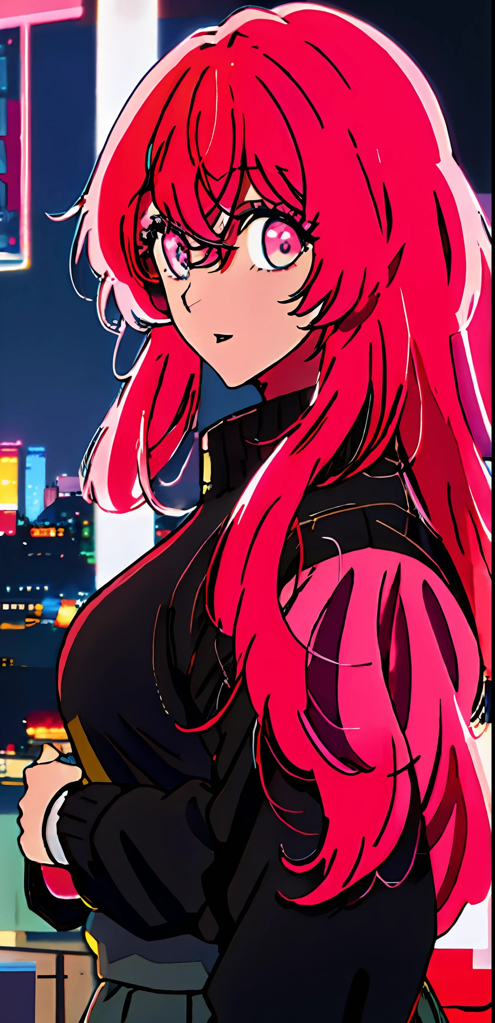 1girl, solo, black sweater uniform, bangs,happy,posing, multicolored hair, (masterpiece:1.2), highres, best quality, 8k, Night neon city Tokyo background, pink hair