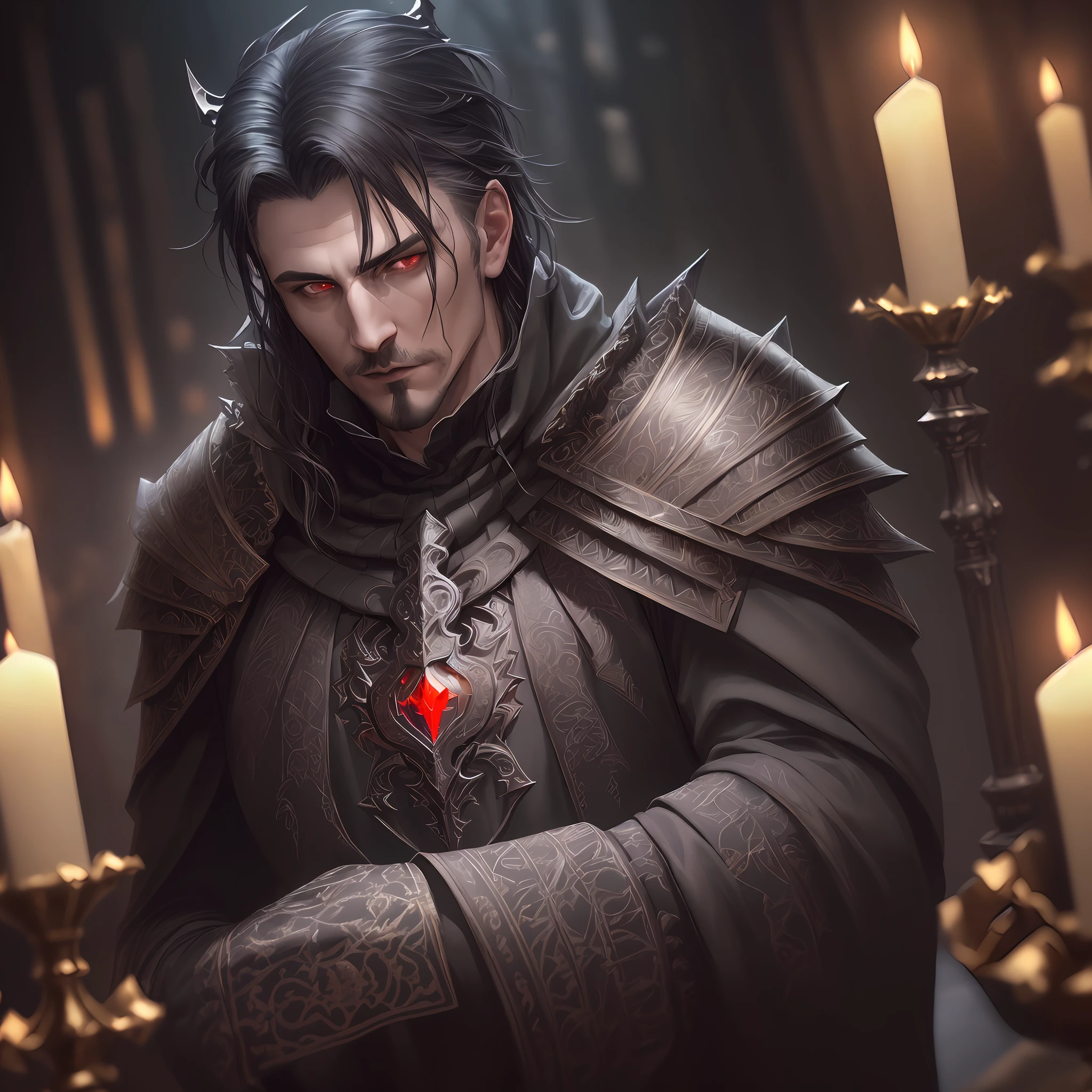 (full torso), style, realistic, ((intricate details)), full torso shot, cold, beautiful lighting, (pale gothic evil king), (male: 2.0), (black hair), (intricate), (engraved skeletal armor)), (intricate sharp obsidian crown), dynamic pose, windblown hair, perfect face, (realistic eyes), round iris, ((red eyes))), perfect, intricate, complex eyes, Helios 44-2, ((dark gothic background)), (candlelight), whirlpool bokeh,  Trend at Artstation, Sharp focus, Studio photo, Intricate details, Highly detailed, sharp, DND character, (((Oil on canvas)), Perfect lighting, Masterpiece, Detailed background, Art by Artgerm and Greg Rutkowski, Cinematic lighting, 8K, Goatee,