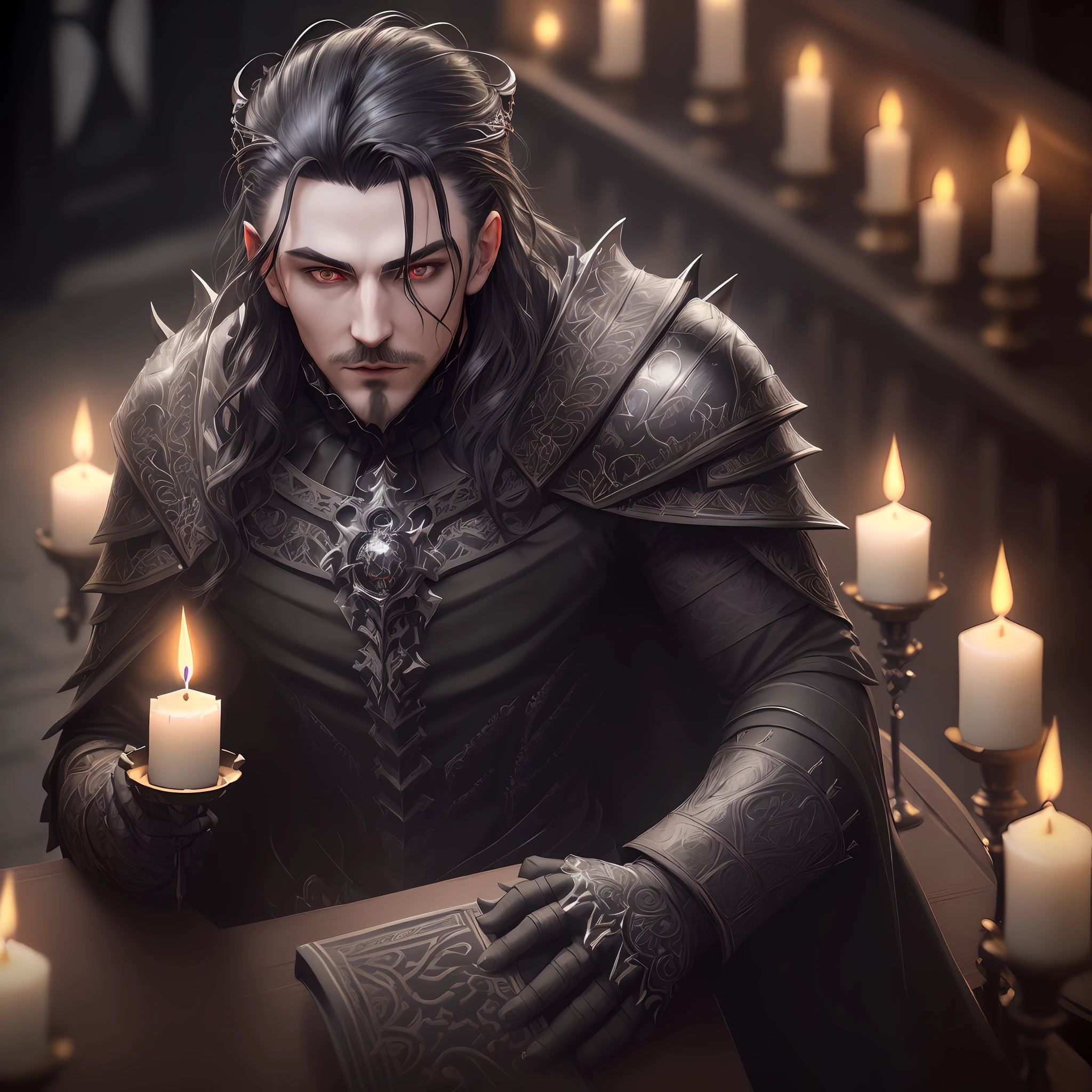 (full torso), style, realistic, ((intricate details)), full torso shot, cold, beautiful lighting, (pale gothic evil king), (male: 2.0), (black hair), (intricate), (engraved skeletal armor)), (intricate sharp obsidian crown), dynamic pose, windblown hair, perfect face, (realistic eyes), round iris, ((red eyes))), perfect, intricate, complex eyes, Helios 44-2, ((dark gothic background)), (candlelight), whirlpool bokeh, Trend at Artstation, Sharp focus, Studio photo, Intricate details, Highly detailed, sharp, DND character, (((Oil on canvas)), Perfect lighting, Masterpiece, Detailed background, Art by Artgerm and Greg Rutkowski, Cinematic lighting, 8K, Goatee,
