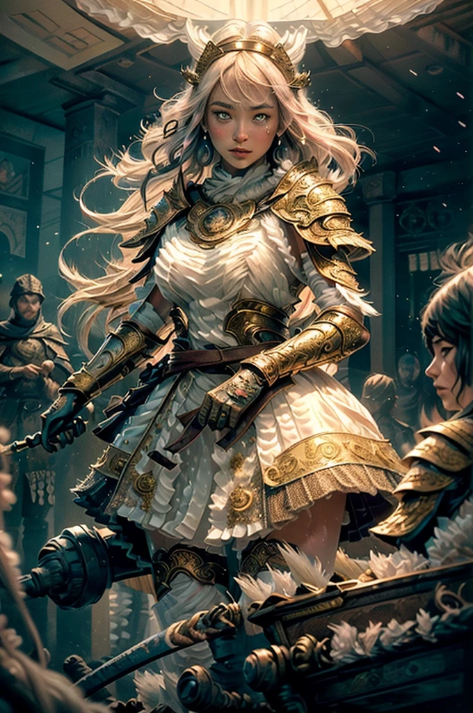 (Masterpiece:1.2), best quality, (illustration:1.2), (ultra-detailed),Eye focus,(Masterfully crafted Glow, pink lens flare), (Cinematic background), hyper details, (delicate detailed), (intricate details), octane render, hdr, (hyperdetailed:1.15), (soft light:1.2), extremely beautiful girl, rainbow painting drops,(supermodel:1.3), paint teardrops, woman made up from paint, entirely paint, splat, splash, indoors, (long dark hair:1.1),(glowing eyes), ((makeup)),(Cinematic masterpiece), fierce, powerful, splashes of colour absolutely eye-catching, (Cinematic headlight), ((caustic)), dynamic angle, beautiful detailed glow, ambient occlusion, ambient light, raytraced reflections,(best illumination, an extremely delicate and beautiful), ((cinematic light)), (soft:2), vibrant, high contrast, backlighting, big breast, intricate detailed eaba, red cape, spear, golden helm