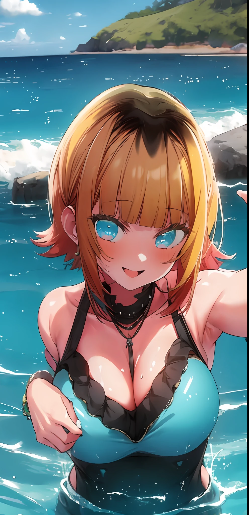 1girl, solo, swimsuit , bangs,happy,posing, multicolored hair, (masterpiece:1.2), highres, best quality, 8k, sea background