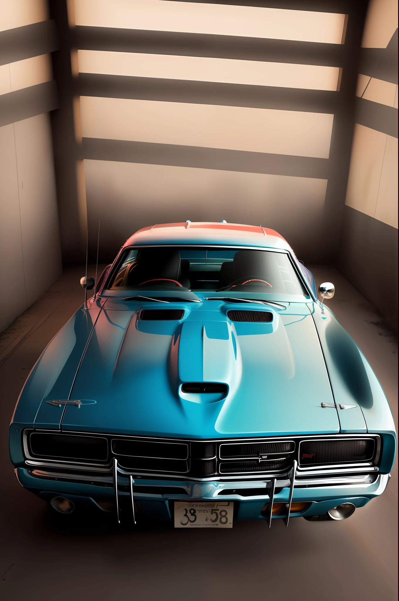 "(Dodge Charger 1968), T-shirt print, high quality, hand paint, vibrant colors, intense shading, realistic details, dynamic angle, blurred background, accent lighting"