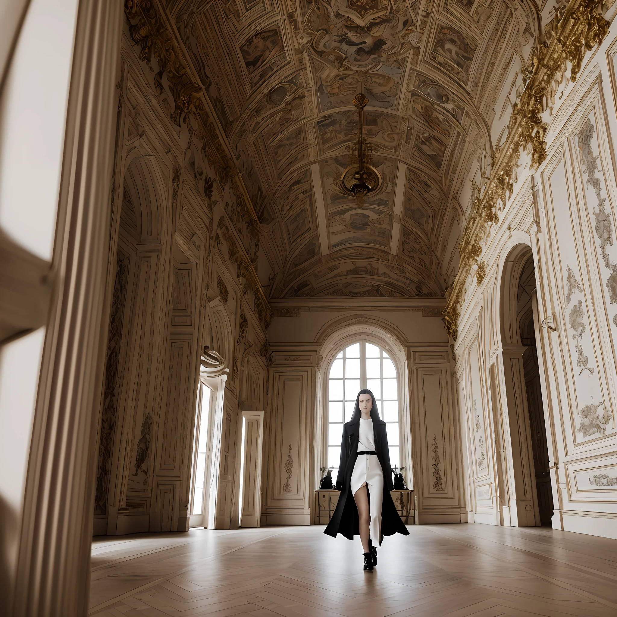 /imagine model, wearing Balenciaga, in a European castle, photo taken by Canon Sl2 camera, lens sigma 18-35mm F/1.8, model ultra-realistic.