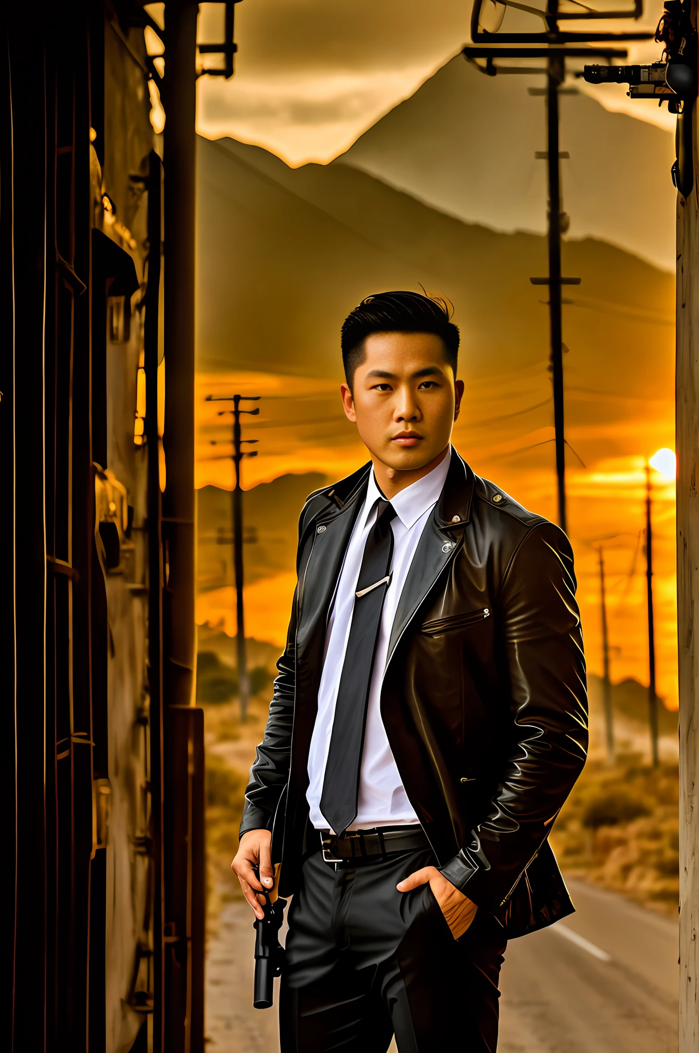 standing near Boss 429 Mustang car,black in colour , handsome chad chin, handsome man, holding gun , symmetrical eyes looking at viewer, in style of action movie theme , ,dark cinematic lighting , outdoor , highway in american , sunset , landscape , mountains behind , different poses for 4 photos , whole body ,black matted leather shoe , high quality , whole body in frame