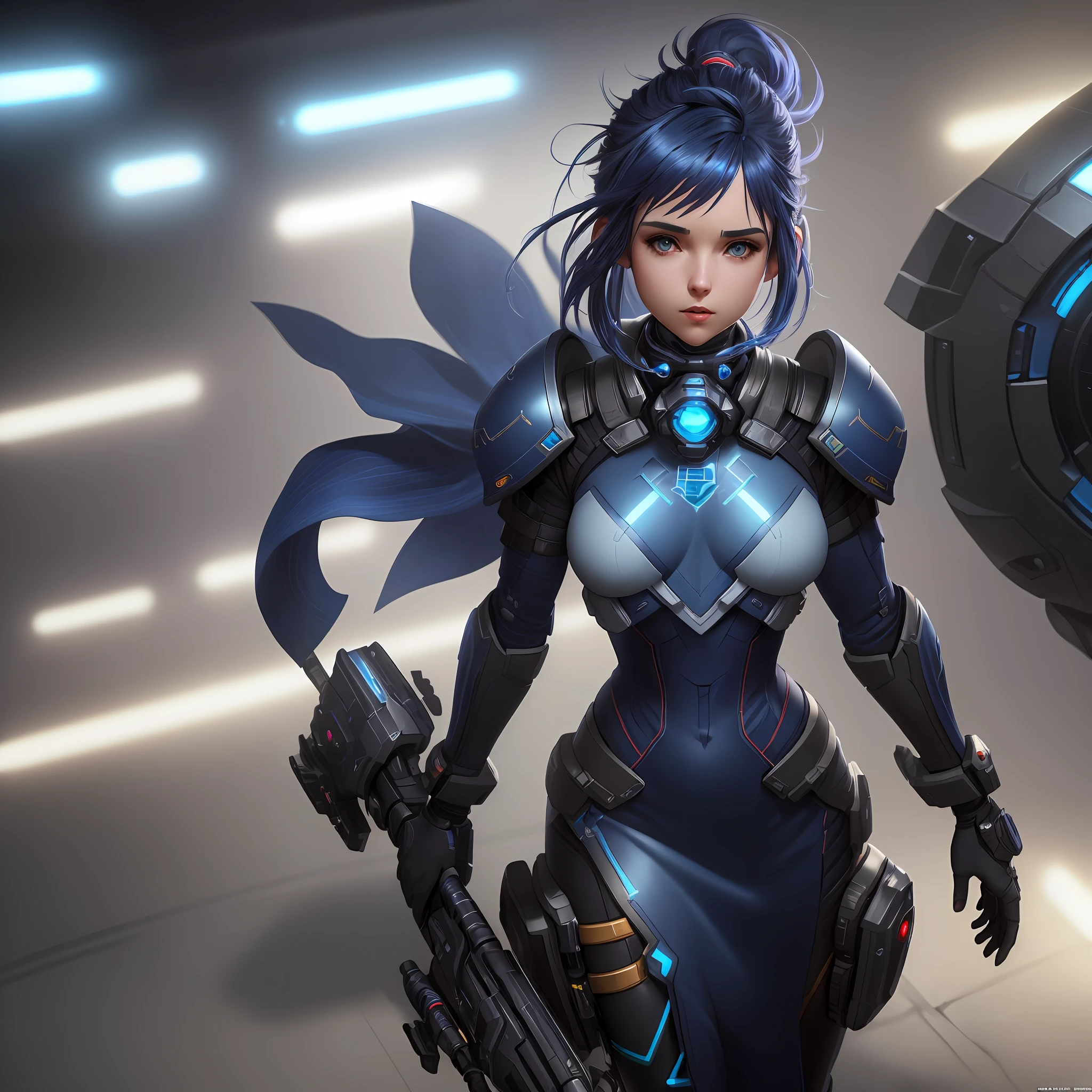 A female protagonist of a starfinder game (small breasts, dark blue hair), masterpiece, best quality, (extremely detailed unity 8k CG wallpaper), (best quality), (best illustration), (best shadow), absurdities, realistic lighting, (Abyss), beautiful detailed brightness,