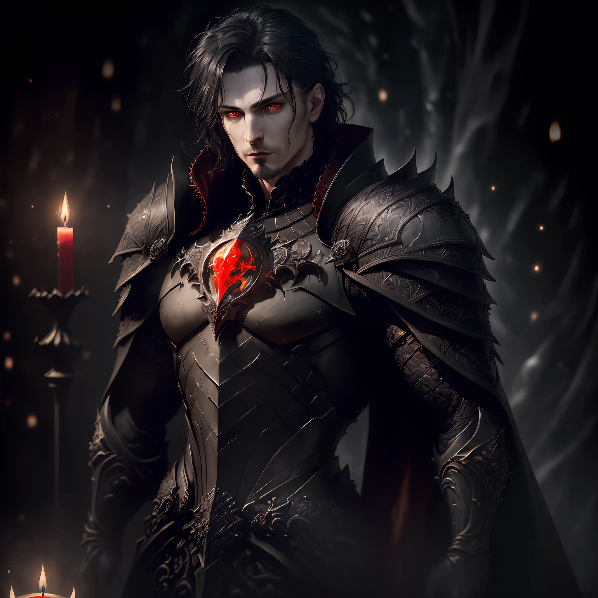 (full torso), style, realistic, ((intricate details)), full torso shot, cold, beautiful lighting, (pale gothic evil king), (male: 2.0), (black hair), (intricate), (engraved skeletal armor)), (intricate sharp obsidian crown), dynamic pose, windblown hair, perfect face, (realistic eyes), round iris, ((red eyes))), perfect, intricate, complex eyes, Helios 44-2, ((dark gothic background)), (candlelight), whirlpool bokeh,  Trend at Artstation, Sharp focus, Studio photo, Intricate details, Highly detailed, sharp, DND character, (((Oil on canvas)), Perfect lighting, Masterpiece, Detailed background, Art by Artgerm and Greg Rutkowski, Cinematic lighting, 8K, Goatee,