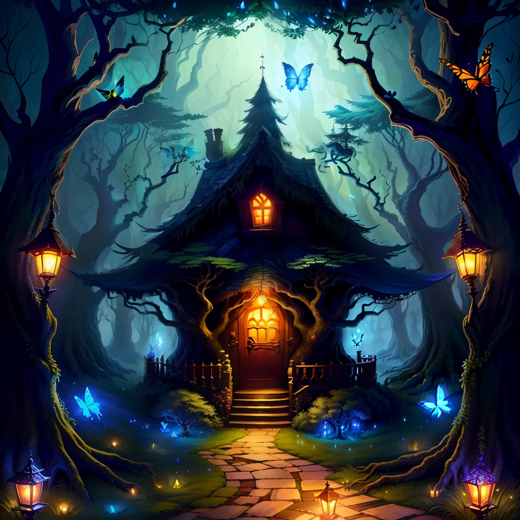 Magic house on a tree with big branches and fairies and butterflies flying around.  Epic background.  A path that is lit with candles and leads to the house.  A dragon that protects the house