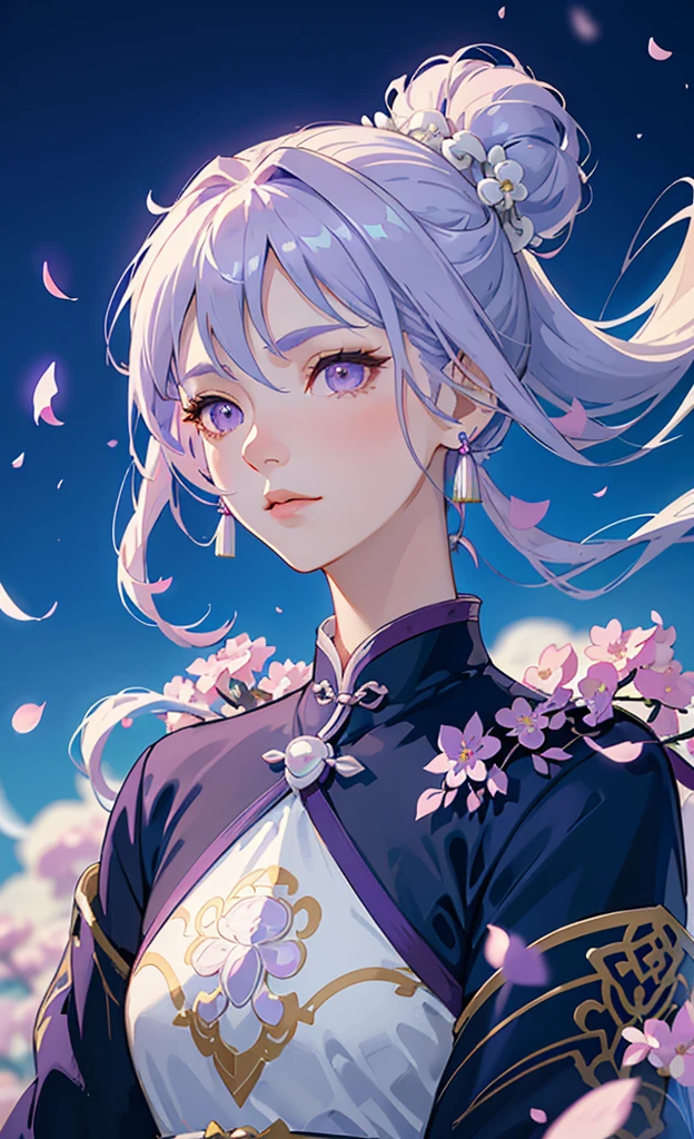 Mature girl, purple eyes, blue-white hair color, floating hair, delicate and flexible eyes, intricate damask hanfu, gorgeous accessories, wearing pearl earrings, fov, f/1.8, masterpiece, ancient Chinese architecture, blue sky, flower petals flying, front portrait shot, Chang'e, side lighting, sunlight on people, 8K