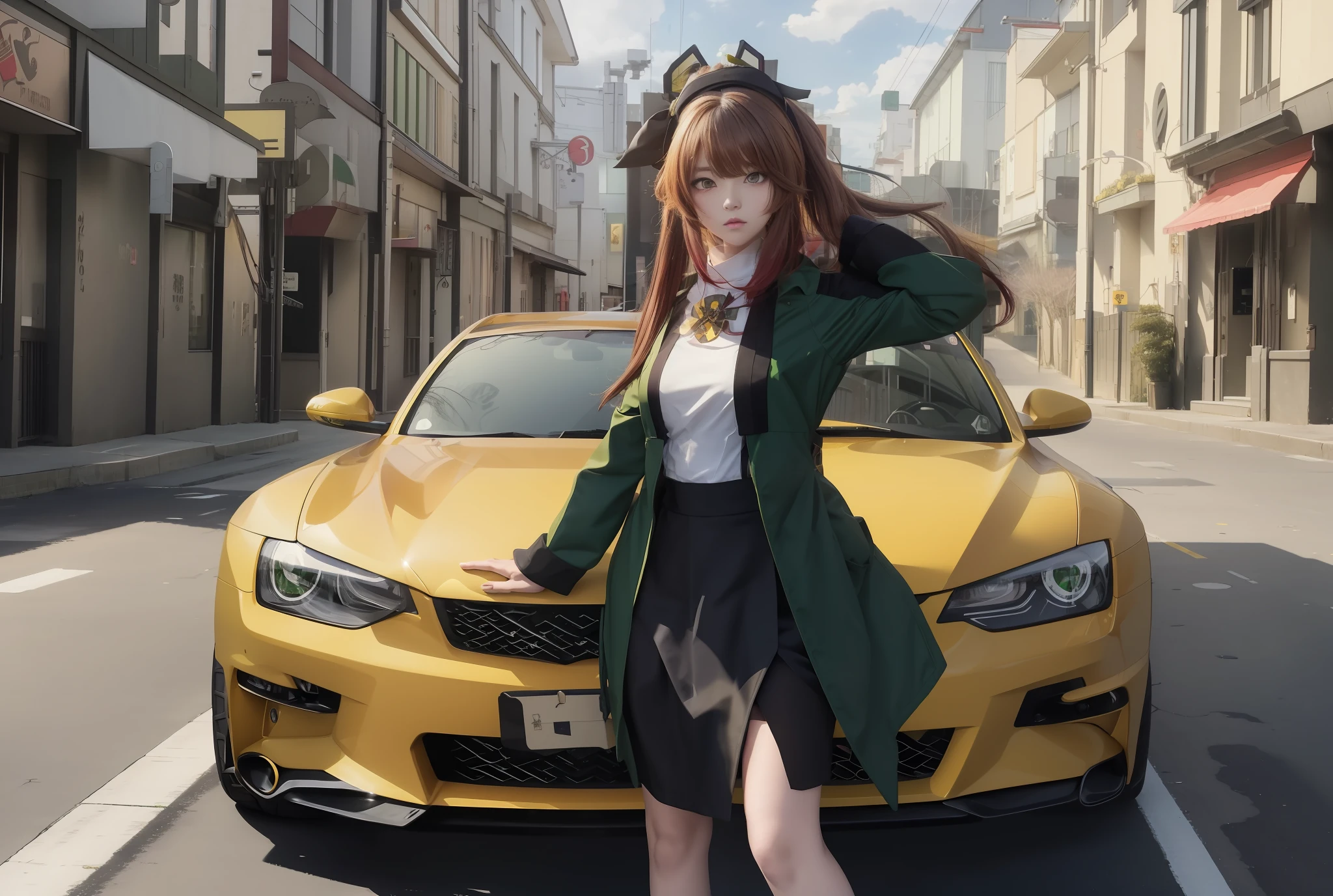 anime girl in a green coat and black skirt standing next to a yellow car, beautiful anime high school girl, attractive anime girl, smooth anime cg art, girls frontline style, anime style 4 k, badass anime 8 k, anime moe artstyle, anime visual of a cute girl, female action anime girl, fine details. girls frontline, girls frontline cg