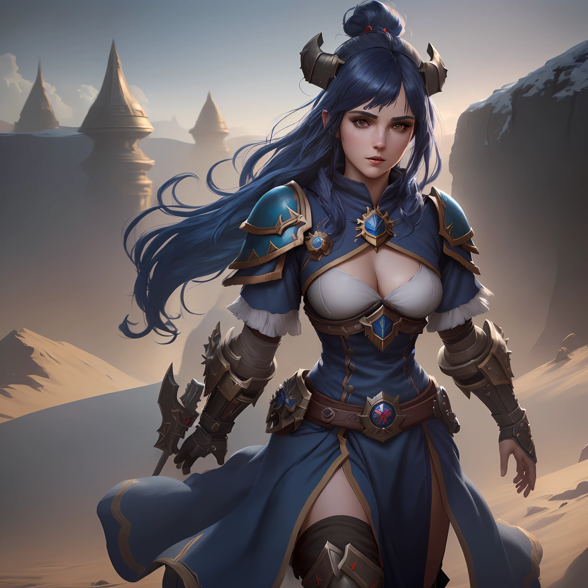 A female protagonist of a total war Warhammer game (small breasts, dark blue hair), masterpiece, best quality, (extremely detailed unity 8k CG wallpaper), (best quality), (best illustration), (best shadow), absurdities, realistic lighting, (Abyss), beautiful detailed brightness,