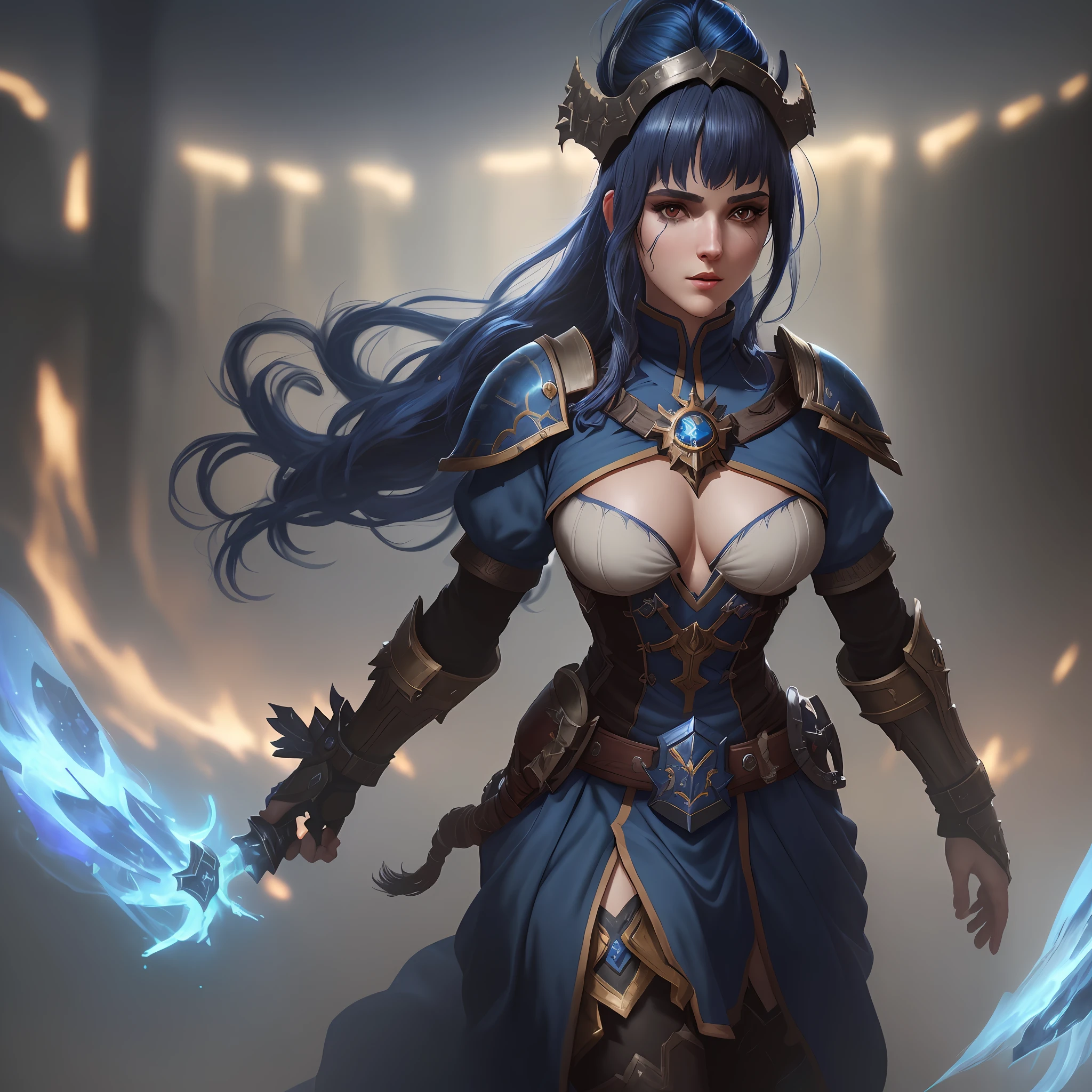 A female protagonist of a total war Warhammer game (small breasts, dark blue hair), masterpiece, best quality, (extremely detailed unity 8k CG wallpaper), (best quality), (best illustration), (best shadow), absurdities, realistic lighting, (Abyss), beautiful detailed brightness,